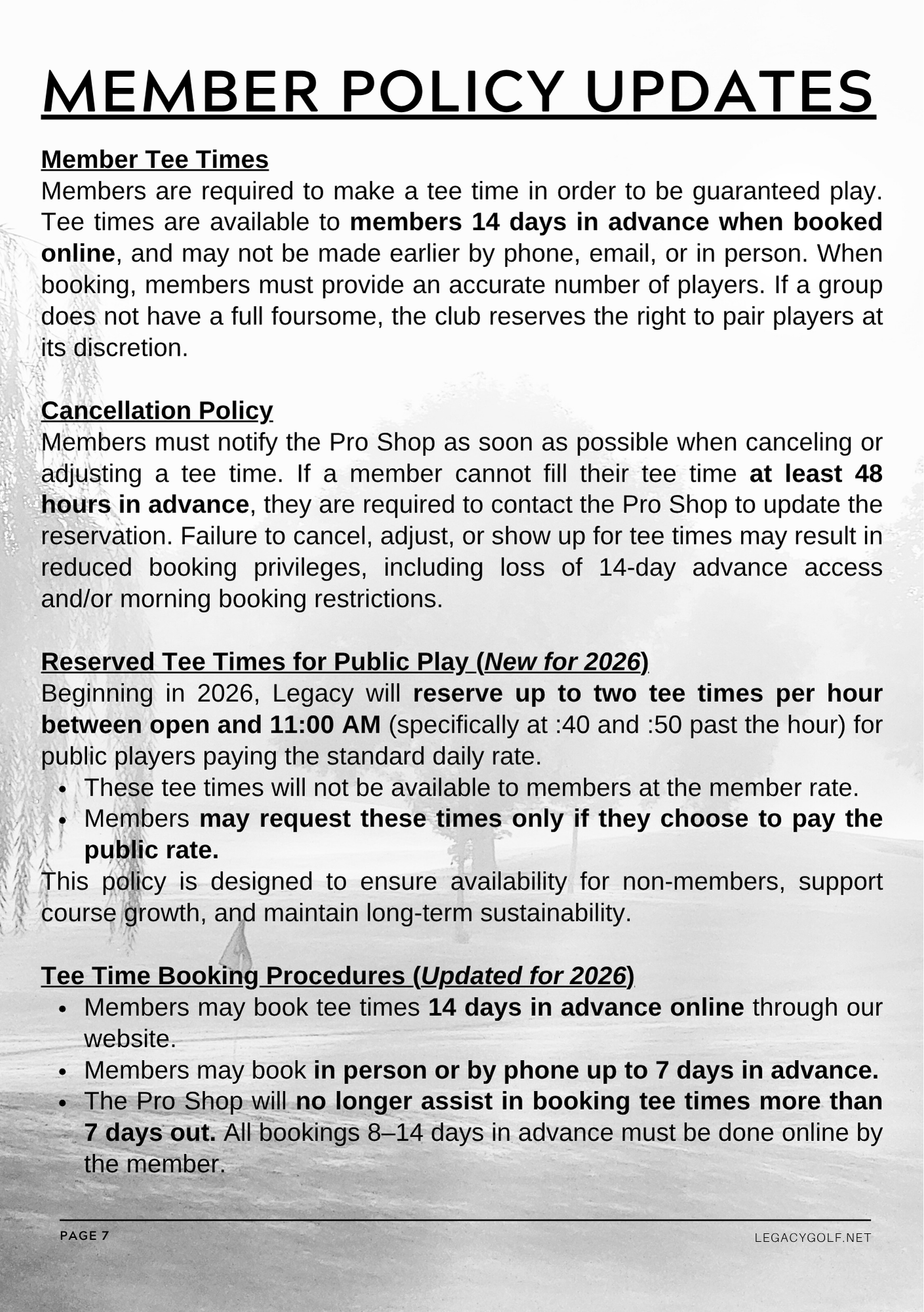 A PDF document titled 'Member Policy Updates' with policies about tee times, cancellations, reservation policies for public play, and booking procedures at a golf club, dated Page 7 from legacygolf.net.