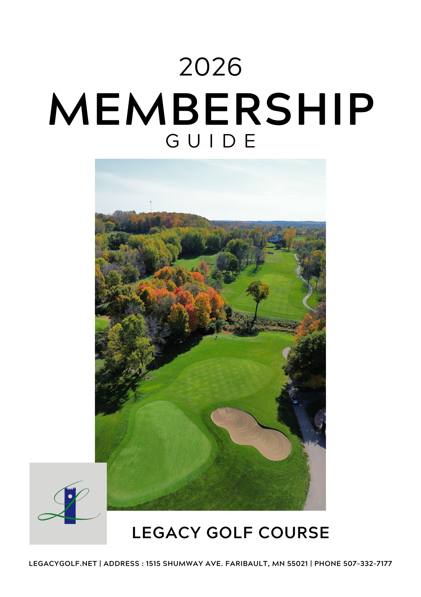 Cover page of a 2026 golf membership guide for Legacy Golf Course featuring a landscape photo of a golf course with green fairways, trees with fall foliage, and sand bunkers.