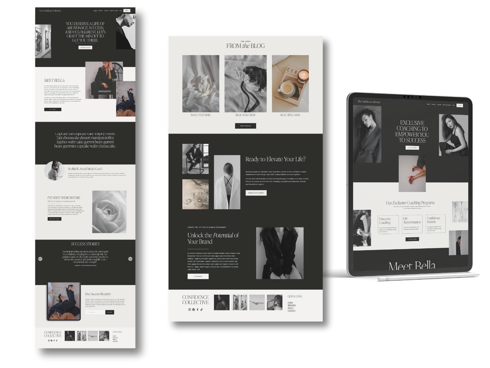 Responsive website layout with three device screens displaying a coaching or lifestyle blog with black and white and minimalist aesthetic, featuring images, text sections, and call-to-action buttons.