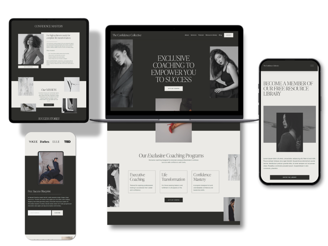 Multiple electronic devices displaying a website for a coaching service, featuring black-and-white photos of women and information about coaching programs.