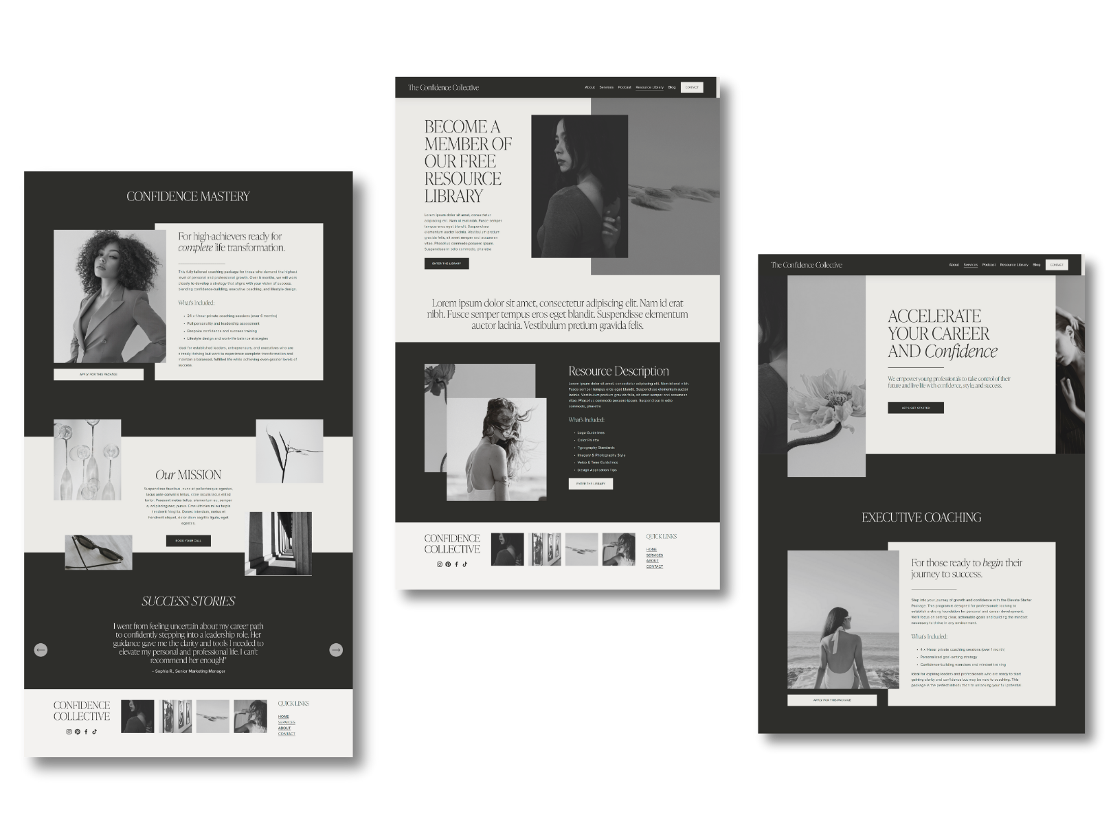 Three monochrome website templates for a confidence coaching service, each featuring women, text, and images.