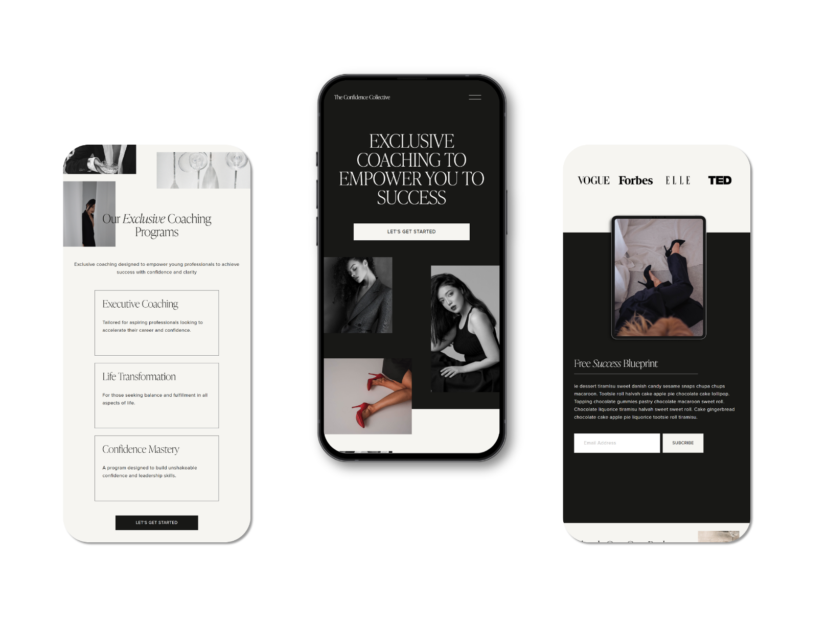 Three smartphone screens displaying coaching program websites with black and white themes, images of women, and text promoting coaching, success blueprint, and exclusive coaching programs.