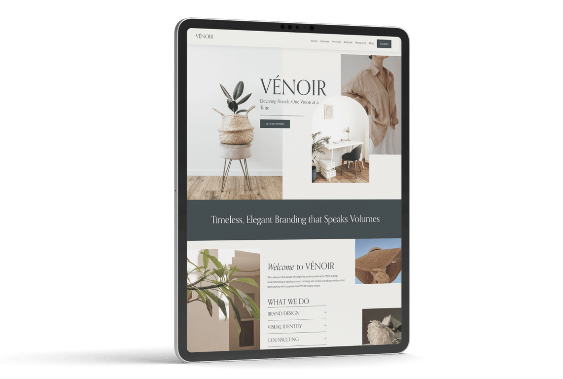 Tablet displaying a website for VÉNOIR, a branding company with images of minimalist home decor, plants, and interior design.