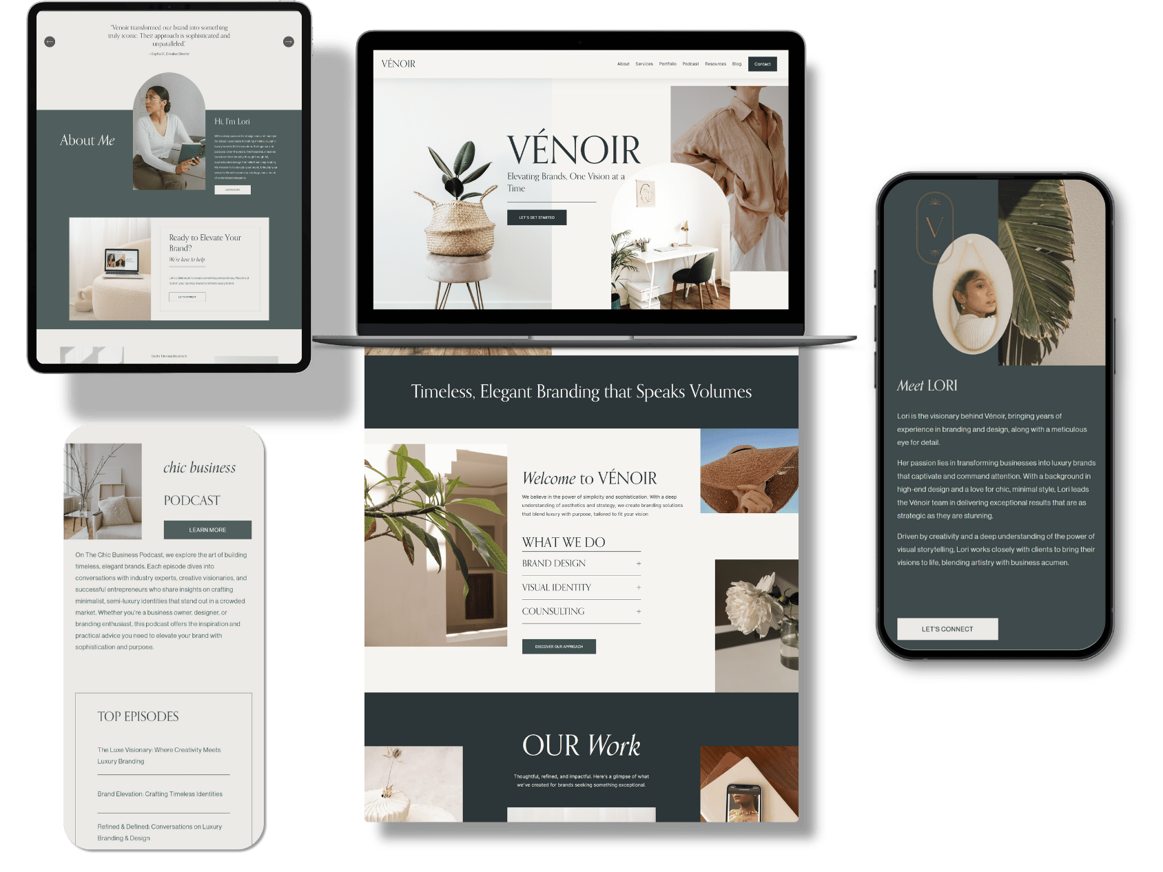 Collection of website and mobile screen designs for a branding company called VÉNOIR featuring minimalist aesthetic, neutral color palette, and images of interior decor and branding elements.