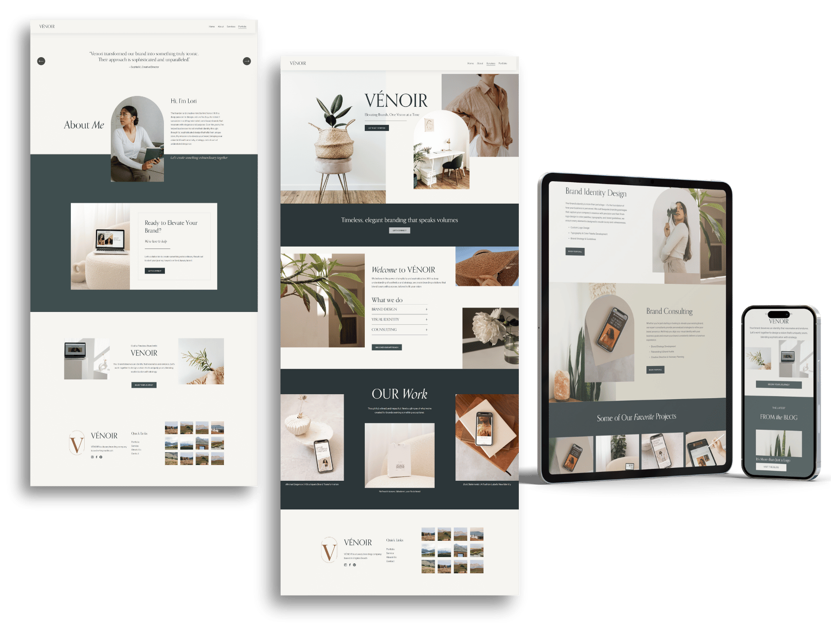 Responsive multi-device view of a modern website with minimalist design, featuring images of interior decor, branding, and personal profiles.
