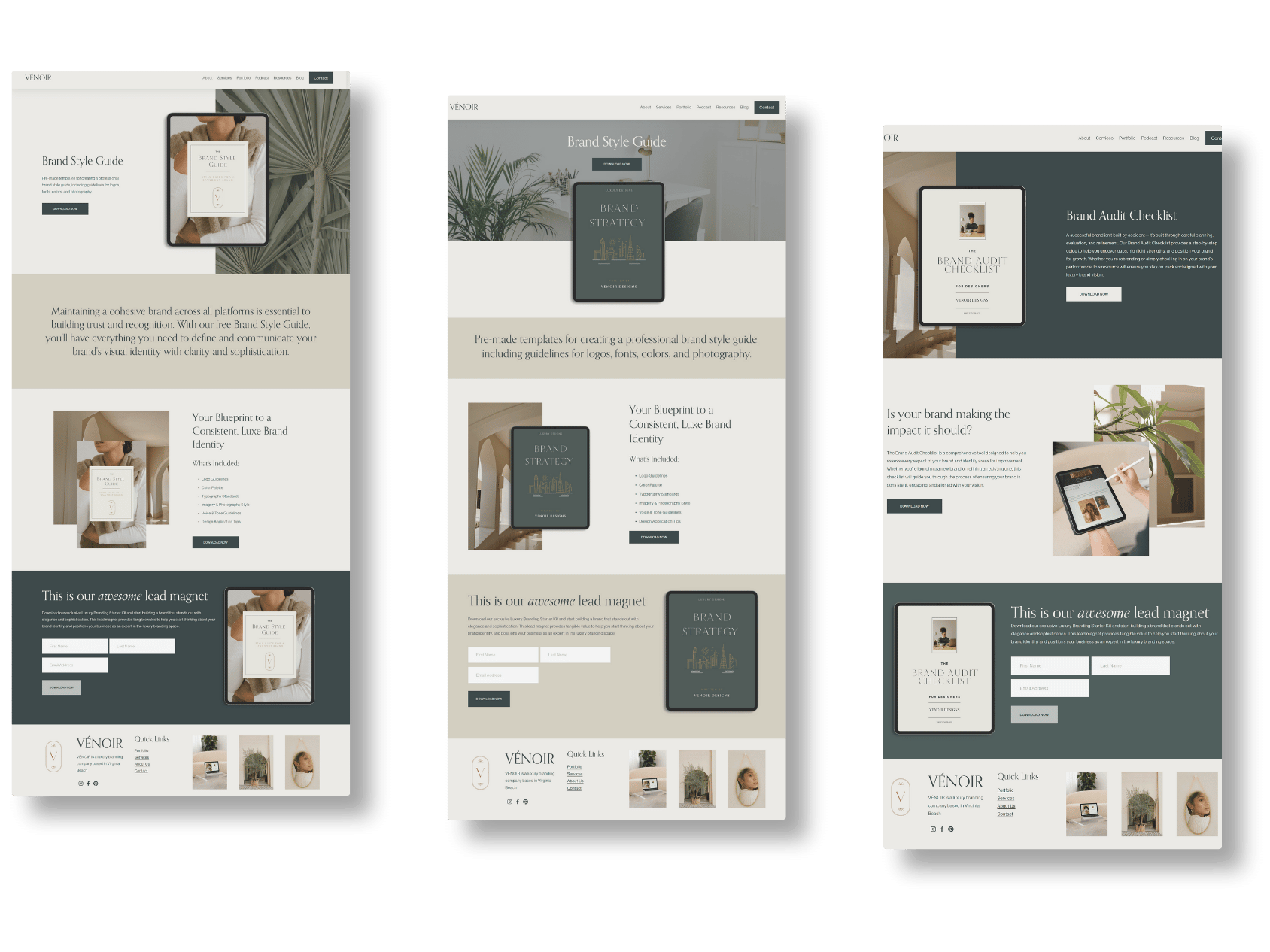 Screenshots of three different website pages showcasing brand style guides and related marketing materials for VÉNOIR, with images of branded books, tablets, and minimalistic design elements.