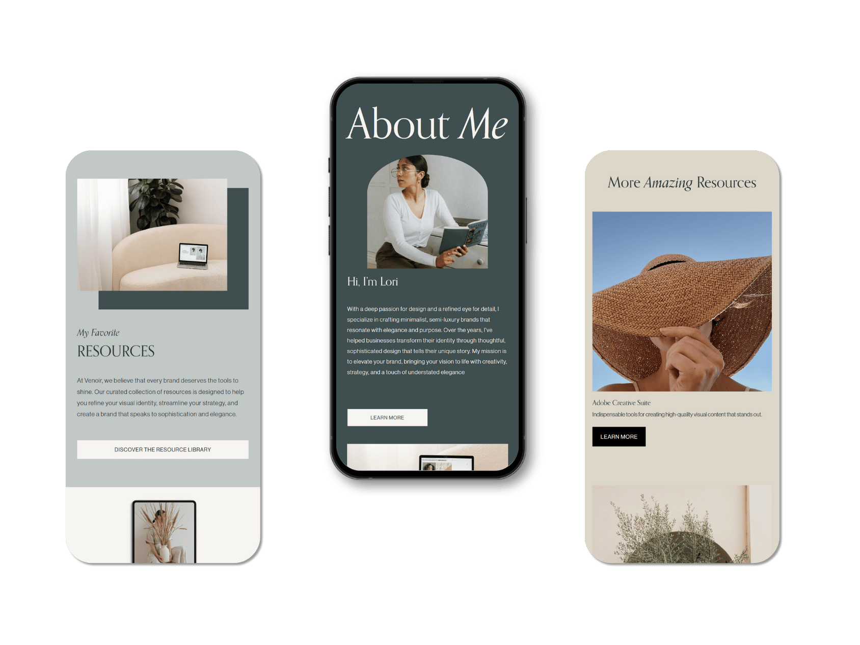 Three mobile phones displaying personal profile and resources pages with minimalistic design, neutral color schemes, and photographs of a woman, a hat, and plants.