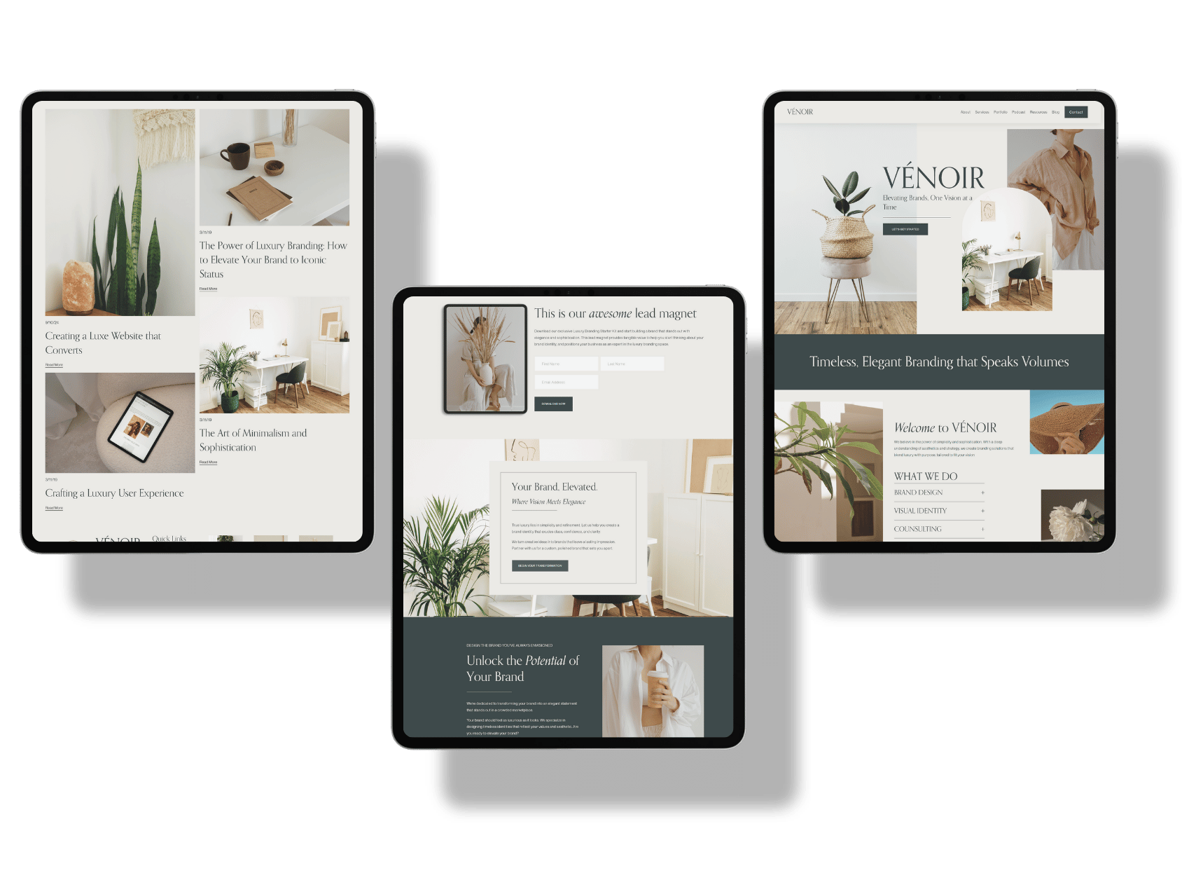 Three tablet screens displaying websites with minimalistic design featuring interior decor, branding, and branding strategies.