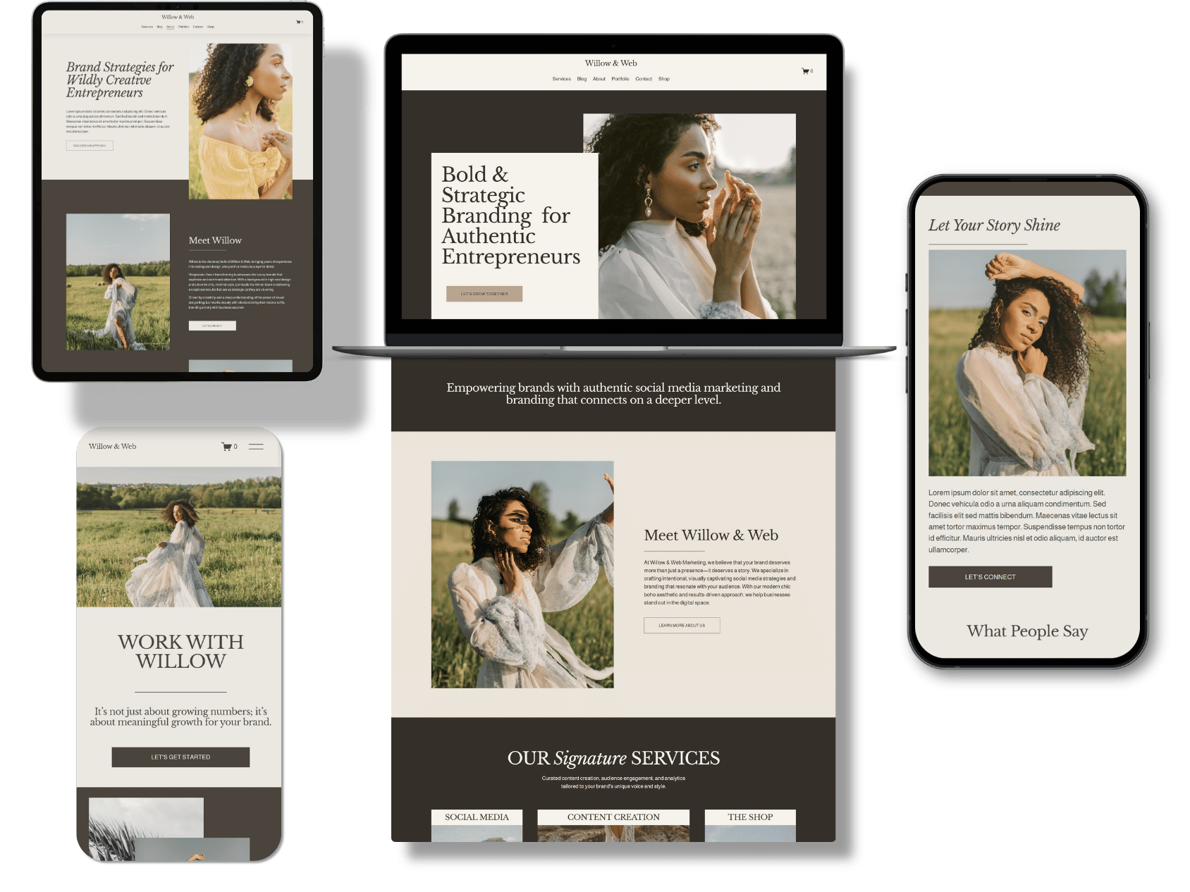 Multiple digital screens displaying a website for Willow & Web, a social media marketing and branding company, featuring images of a woman in a field and various sections about services, branding strategies, and client testimonials.