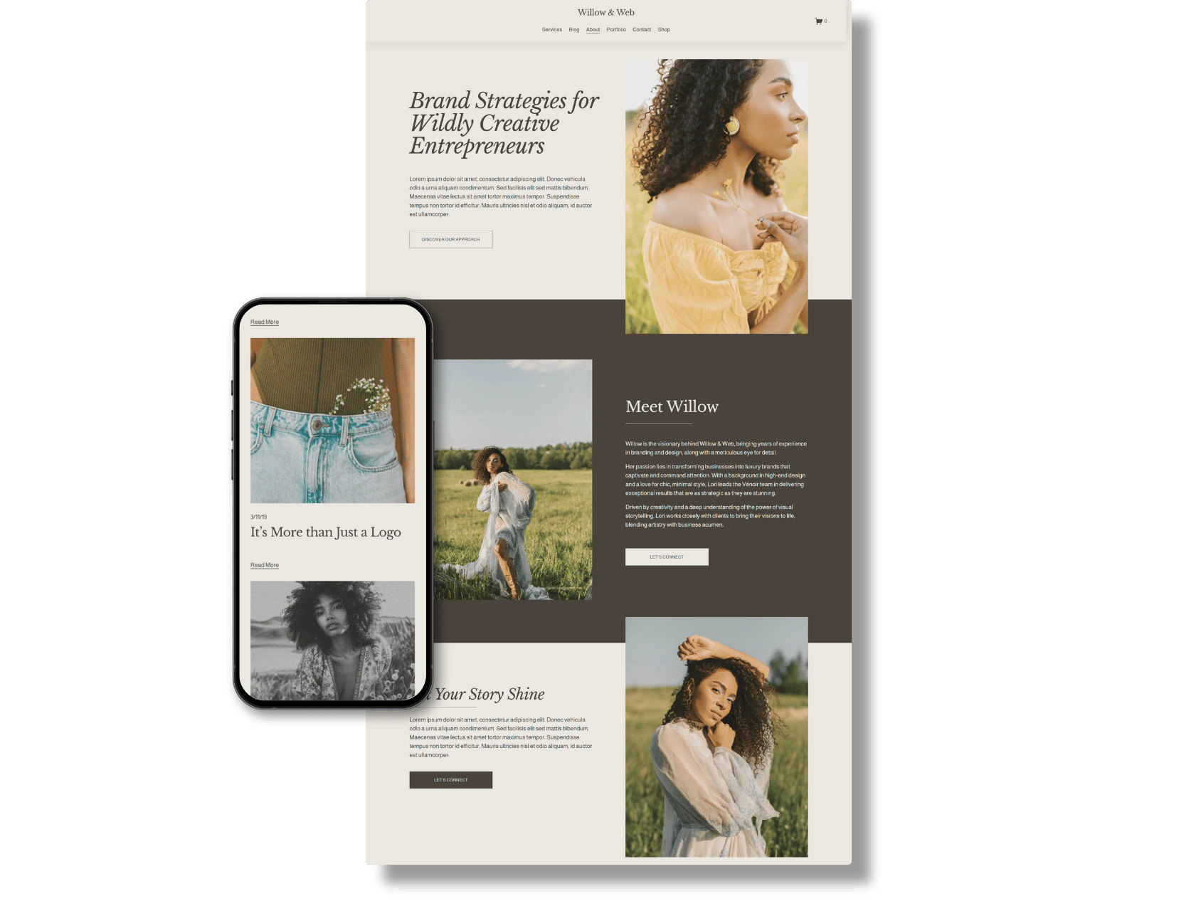 Responsive website and mobile view of Willow & Web, a branding agency, with images of women and text sections about brand strategies, meeting Willow, and story shine.