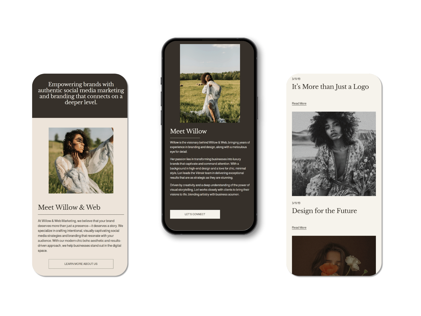 Three mobile screens displaying social media marketing content; the left screen has an image of a woman with curly hair, the middle screen shows a woman standing in a field with text introducing Willow, and the right screen has black-and-white photo of a woman with curly hair surrounded by flowers.