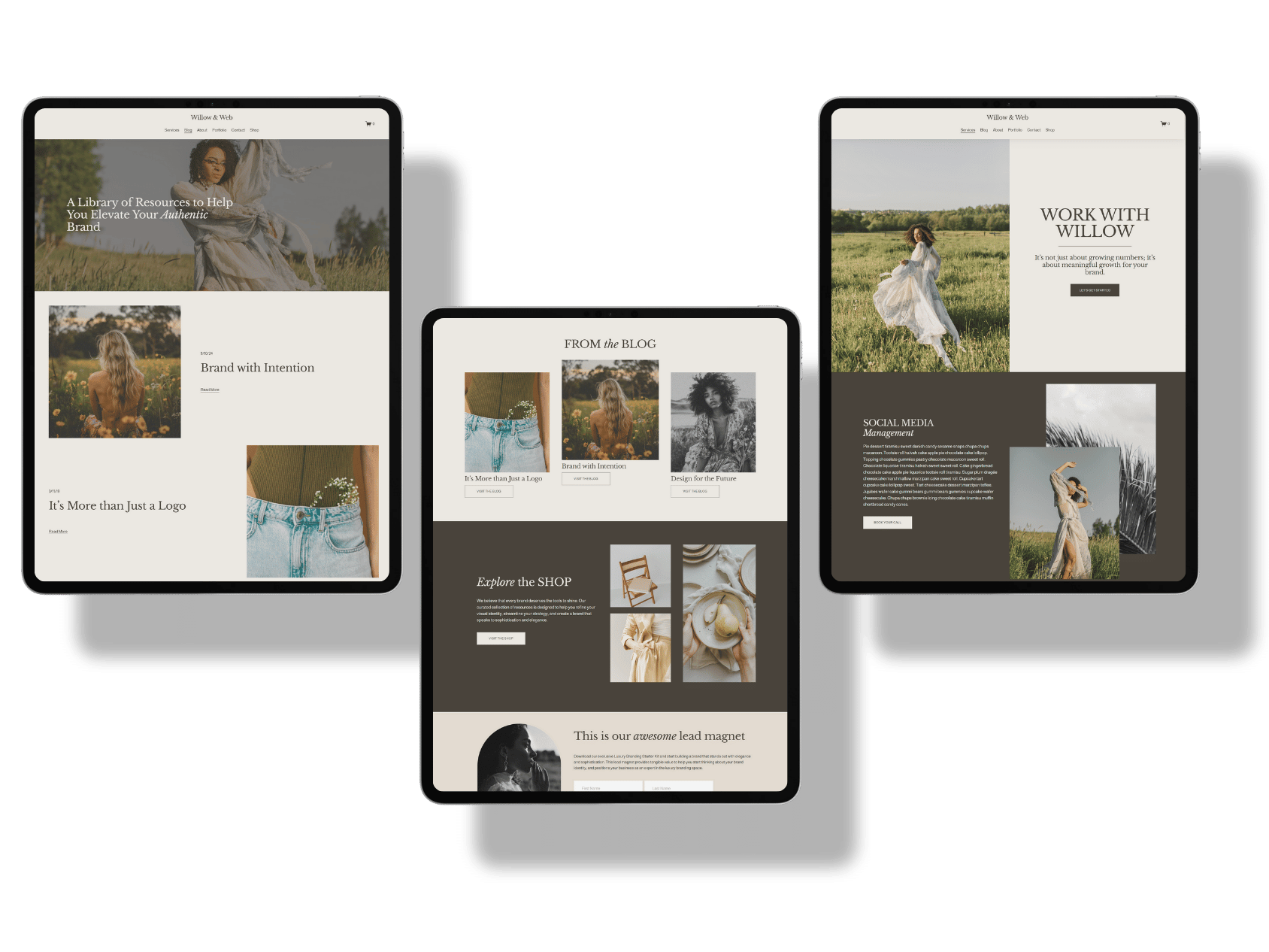 Three tablet screens displaying a website with a minimalistic design, featuring images of women in nature, text about branding and social media, and a shop section with images of furniture and accessories.