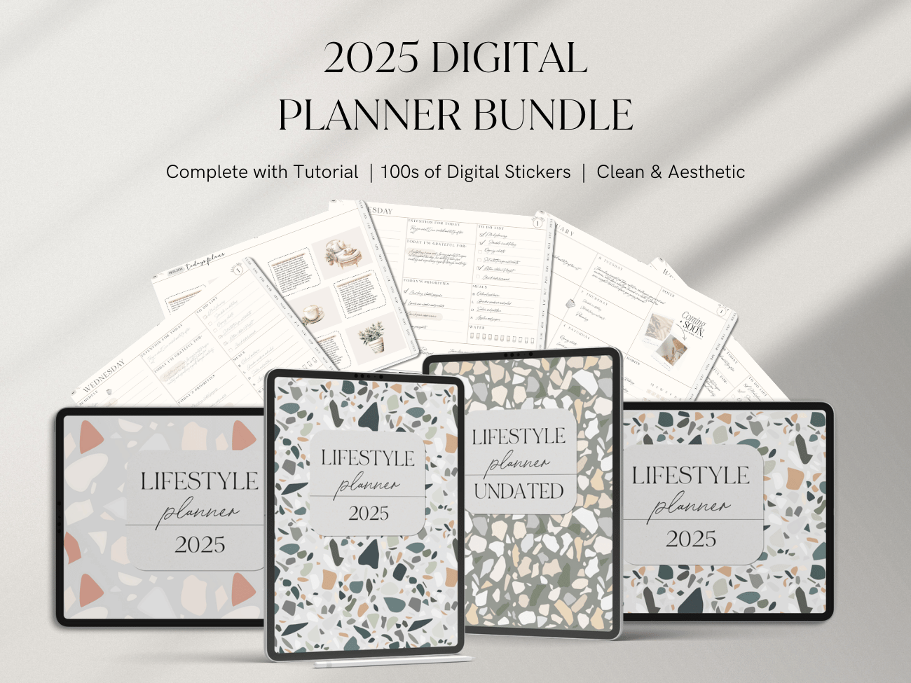 A digital planner bundle for 2025 displayed on four tablets with terrazzo-style covers. Behind the tablets are open planner pages showing weekly layouts, checklists, notes, and images. The bundle includes tutorials, digital stickers, and has a clean, aesthetic design.