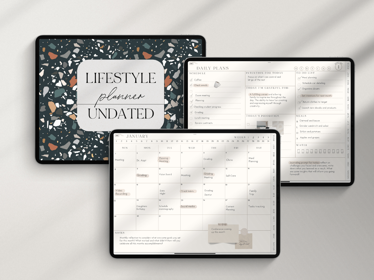 Digital lifestyle planner with January calendar, daily plans, to-do list, meals, water intake, and notes pages displayed on electronic tablets.