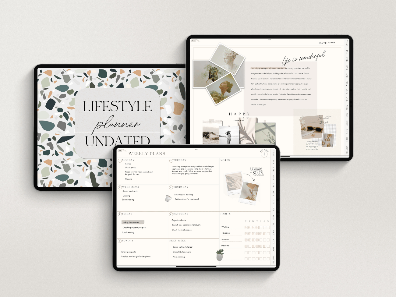 Digital lifestyle planners with weekly and monthly layout pages, featuring photography, notes, and decorative elements.