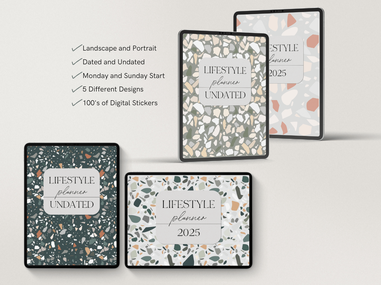 Four digital planner covers with terrazzo patterns in different color schemes. Some covers display the text 'LIFESTYLE planner UNDATED 2025' and other details. The image also lists features of the planners, including landscape and portrait formats, dated and undated options, Monday and Sunday start, five designs, and hundreds of digital stickers.