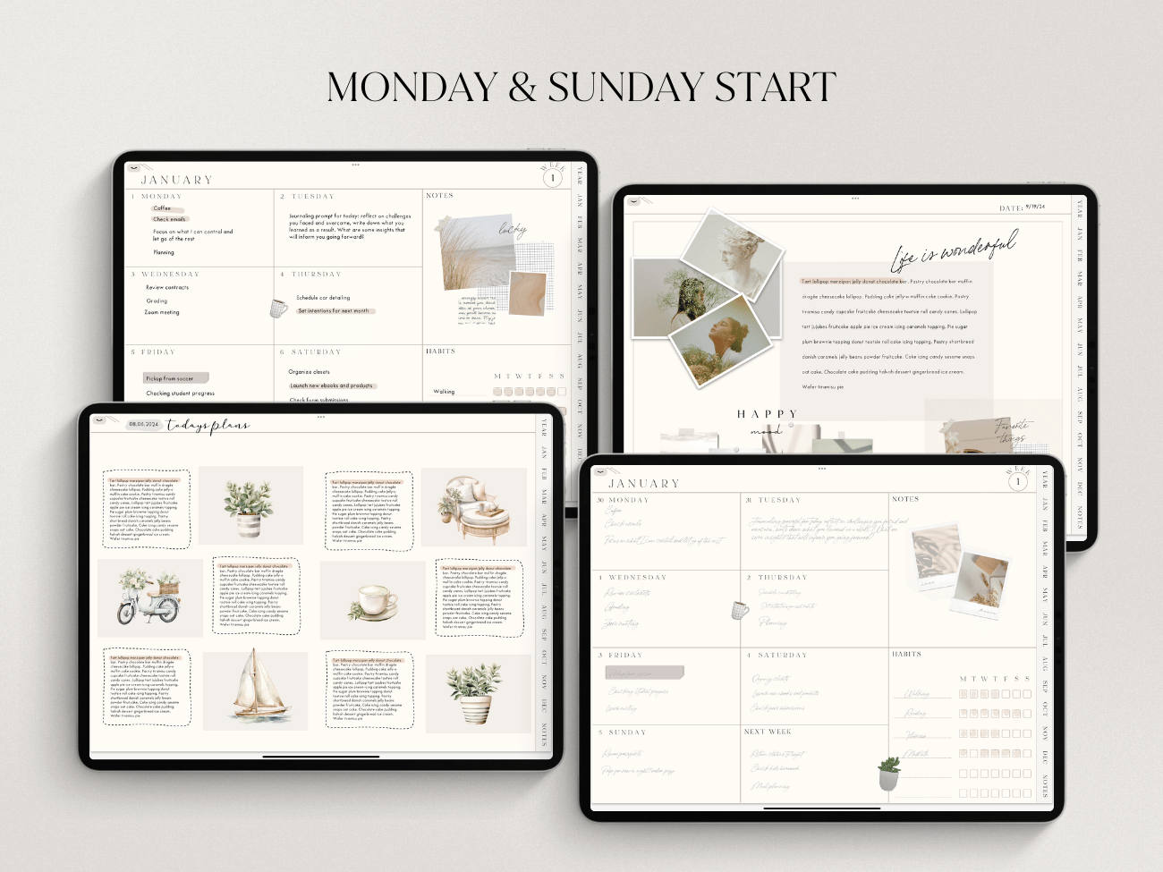 Four digital tablets displaying minimalist planners and photo collages on a light background.