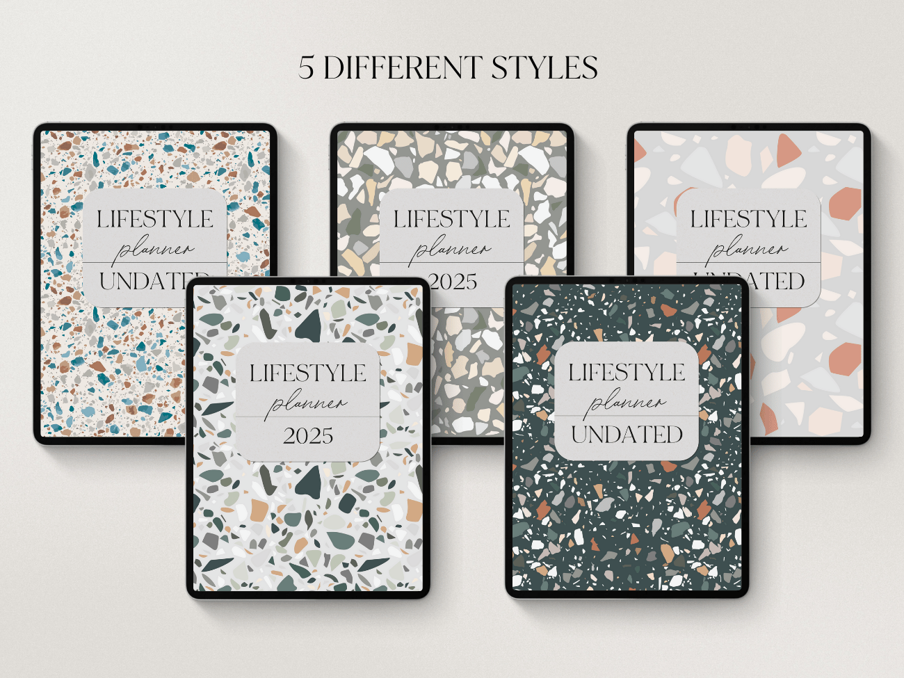 Six lifestyle planner covers with different terrazzo-style patterns, labeled as 2025, arranged in a grid on a light background.