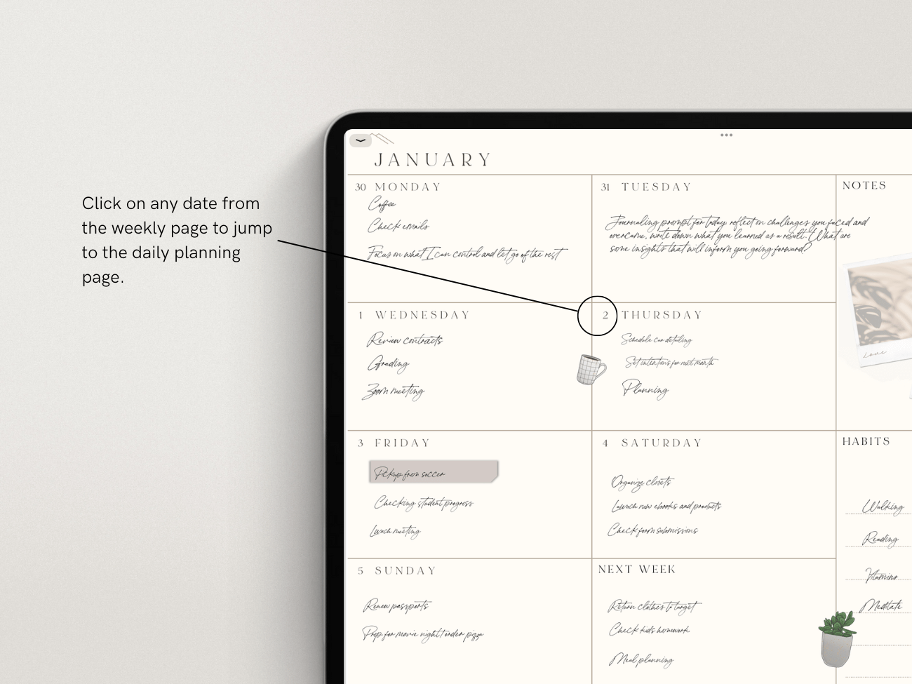 A digital planner showing the January calendar with handwritten notes for each day, a small coffee cup illustration, and a photo of a plant on the right side.