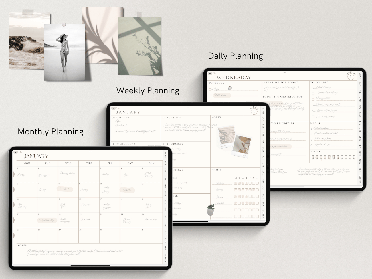 Three tablets displaying digital planning layouts labeled for monthly, weekly, and daily planning, with a row of framed minimalist art photographs on the wall above.