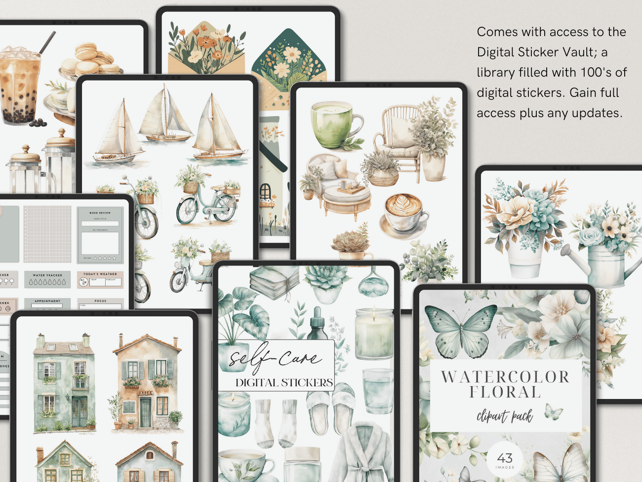 Multiple digital stickers and illustrations of home decor, flowers, bicycles, boats, self-care items, and watercolor floral designs displayed on digital screens, with accompanying text describing access to a digital sticker vault.