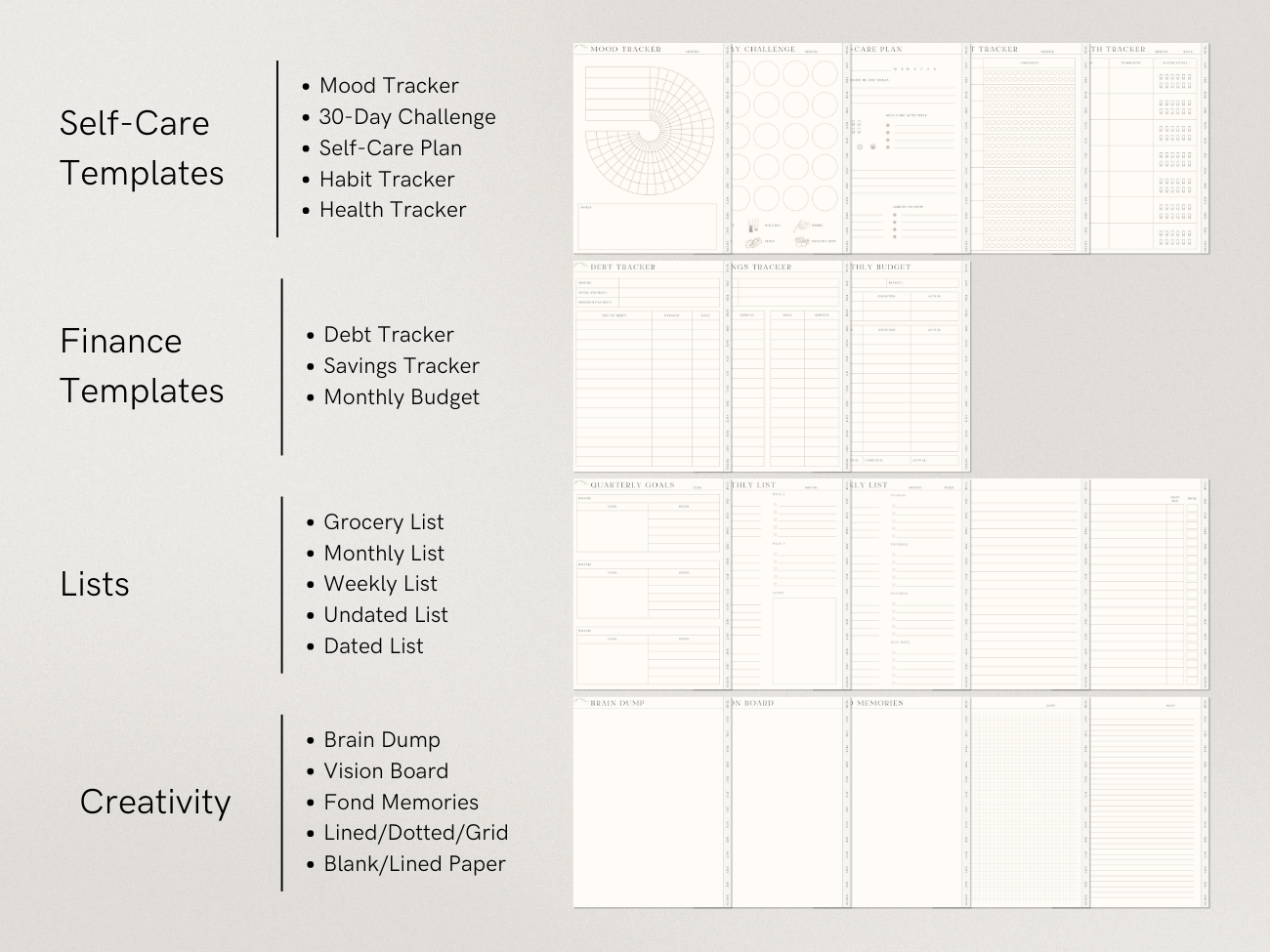 A sheet of printable templates categorized into Self-Care, Finance, Lists, and Creativity with sample templates like mood tracker, debt tracker, grocery list, brain dump, and vision board.