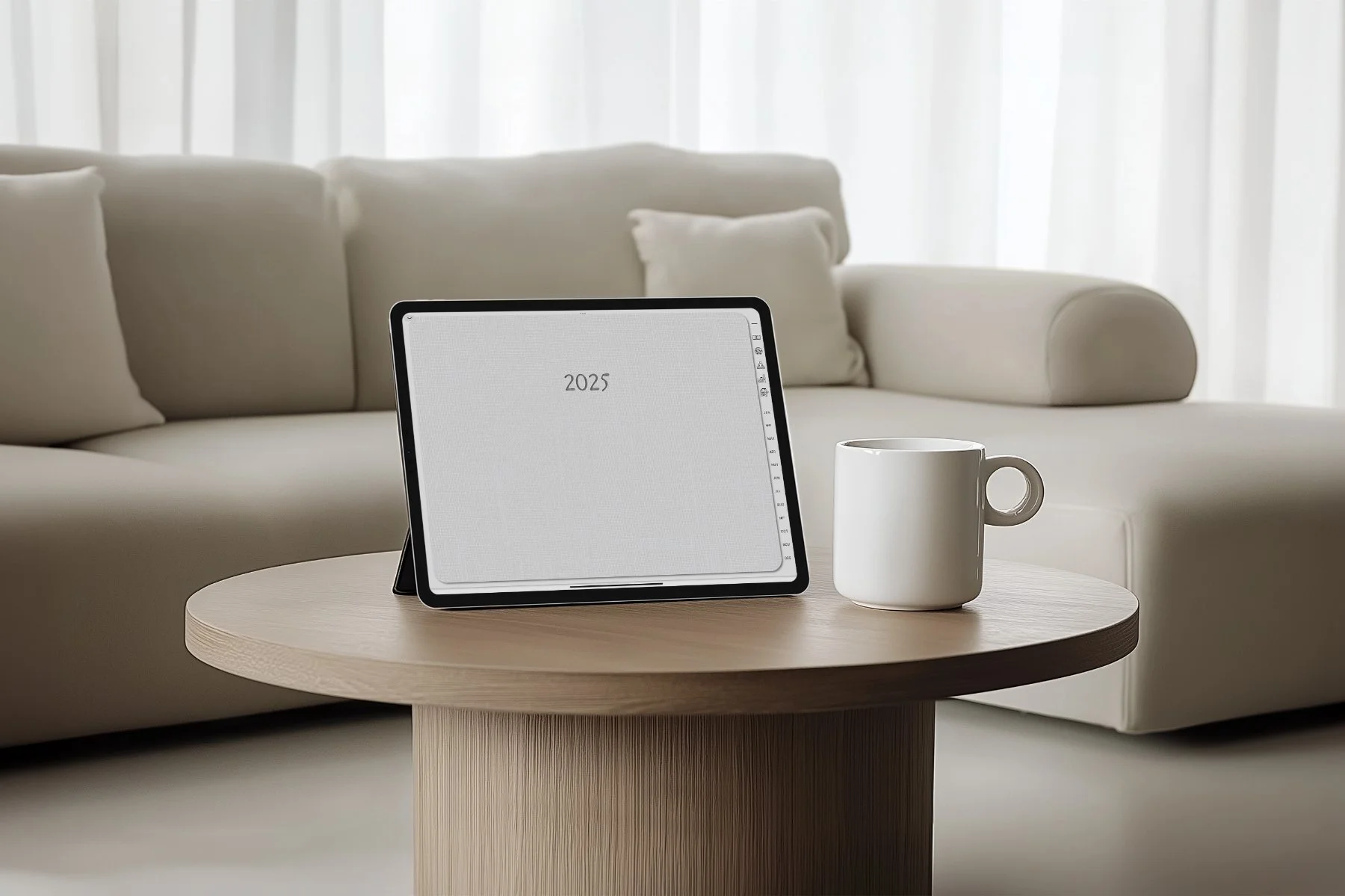 A digital tablet on a wooden coffee table displaying the year 2025, next to a white ceramic mug, in a bright living room with white sofa and curtains.