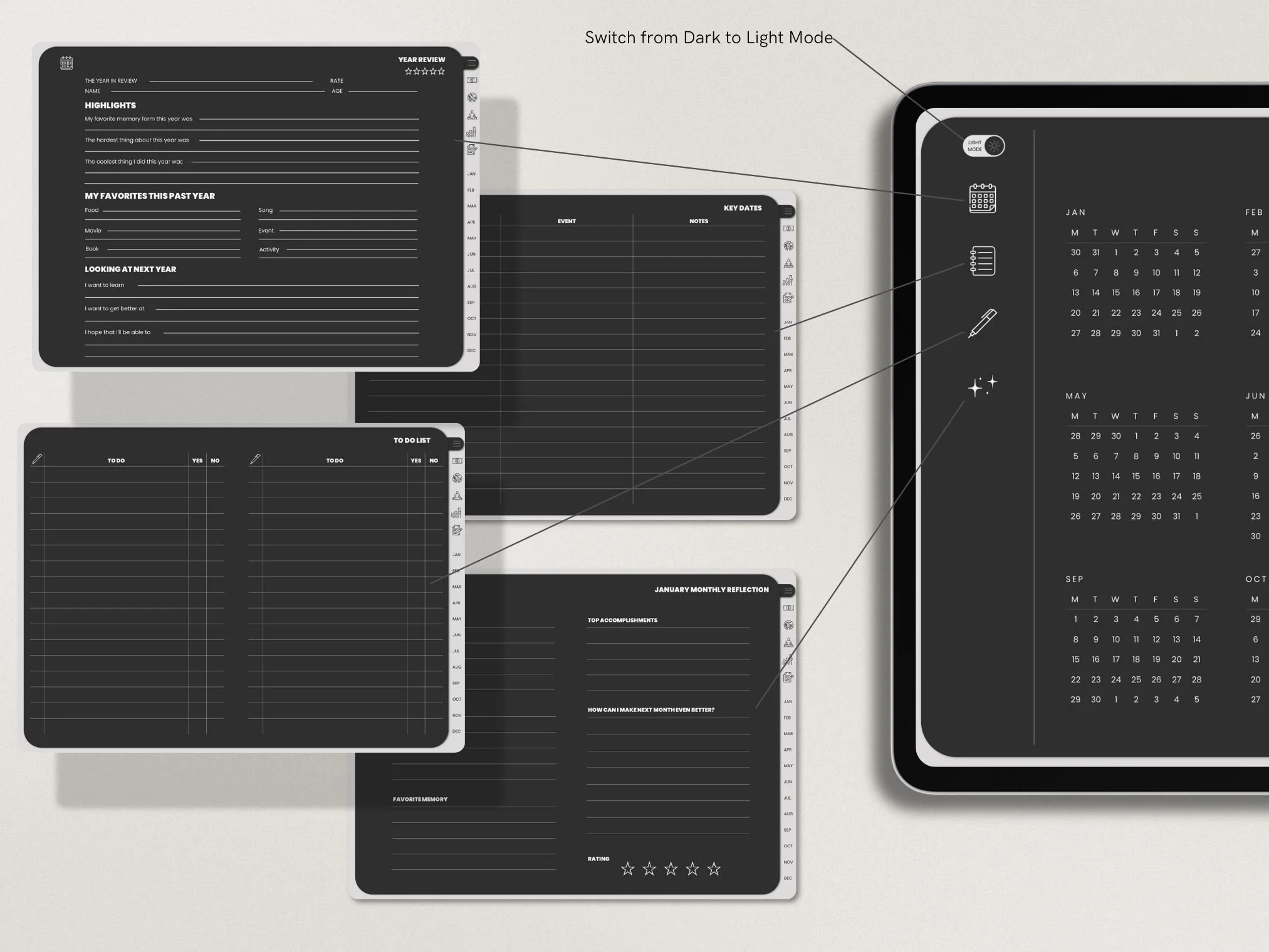 Collection of six digital planner screens with various layouts and black and white themes. One screen shows a yearly review with highlights and future goals. Another displays a monthly calendar for January through June. A third features a to-do list divided into categories. A fourth contains a reflection section for January with top achievements and improvement ideas. There is a small icon indicating a switch from dark to light mode. The overall setup indicates planner customization and organization.