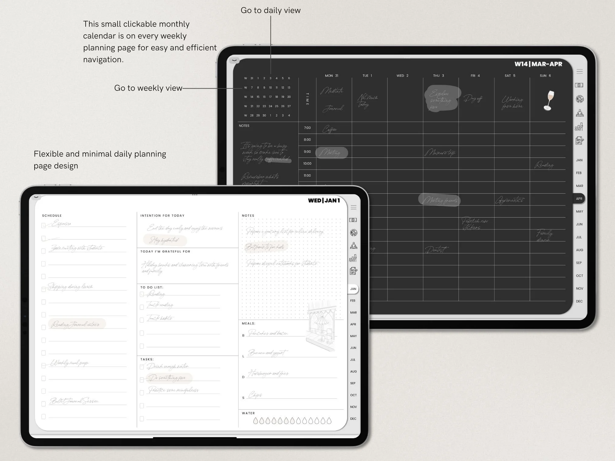 Two digital planners, one black and one white, are displayed on a light background. The black planner is showing a monthly calendar view, and the white planner shows a daily planner page with sections for schedule, notes, meals, tasks, and water intake.