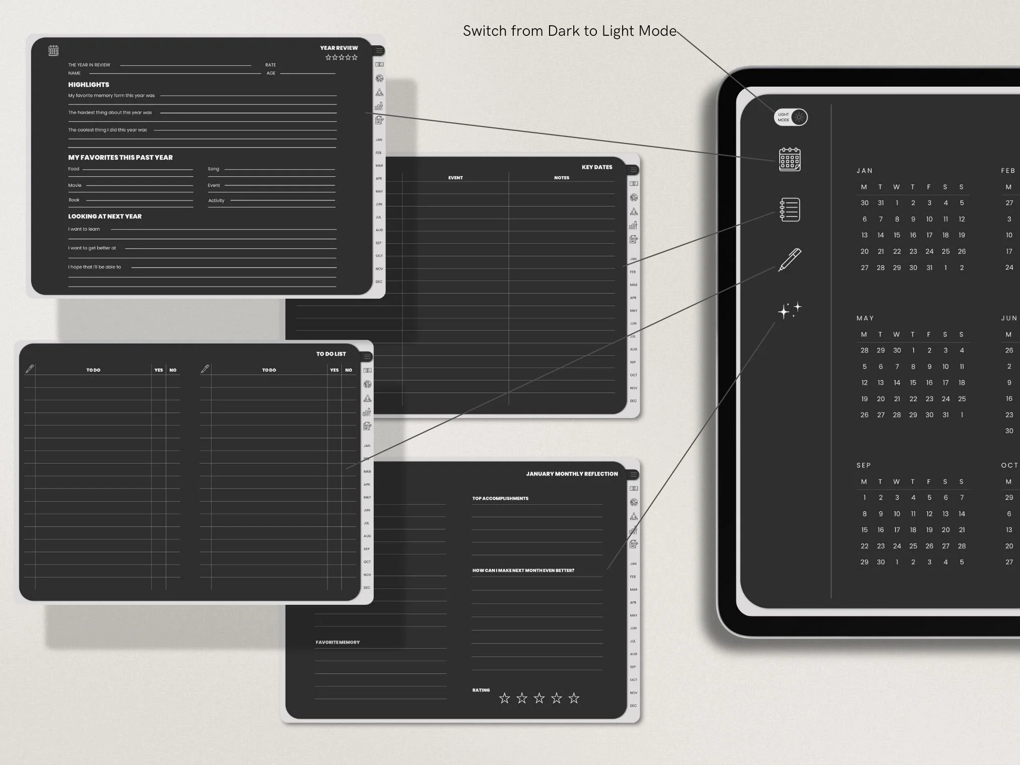 Digital planner pages with various sections including year review, highlights, favorite memories, next year goals, to-do list, January reflection, and a calendar on a tablet screen. The pages are in dark mode and include icons for navigation and switching modes.