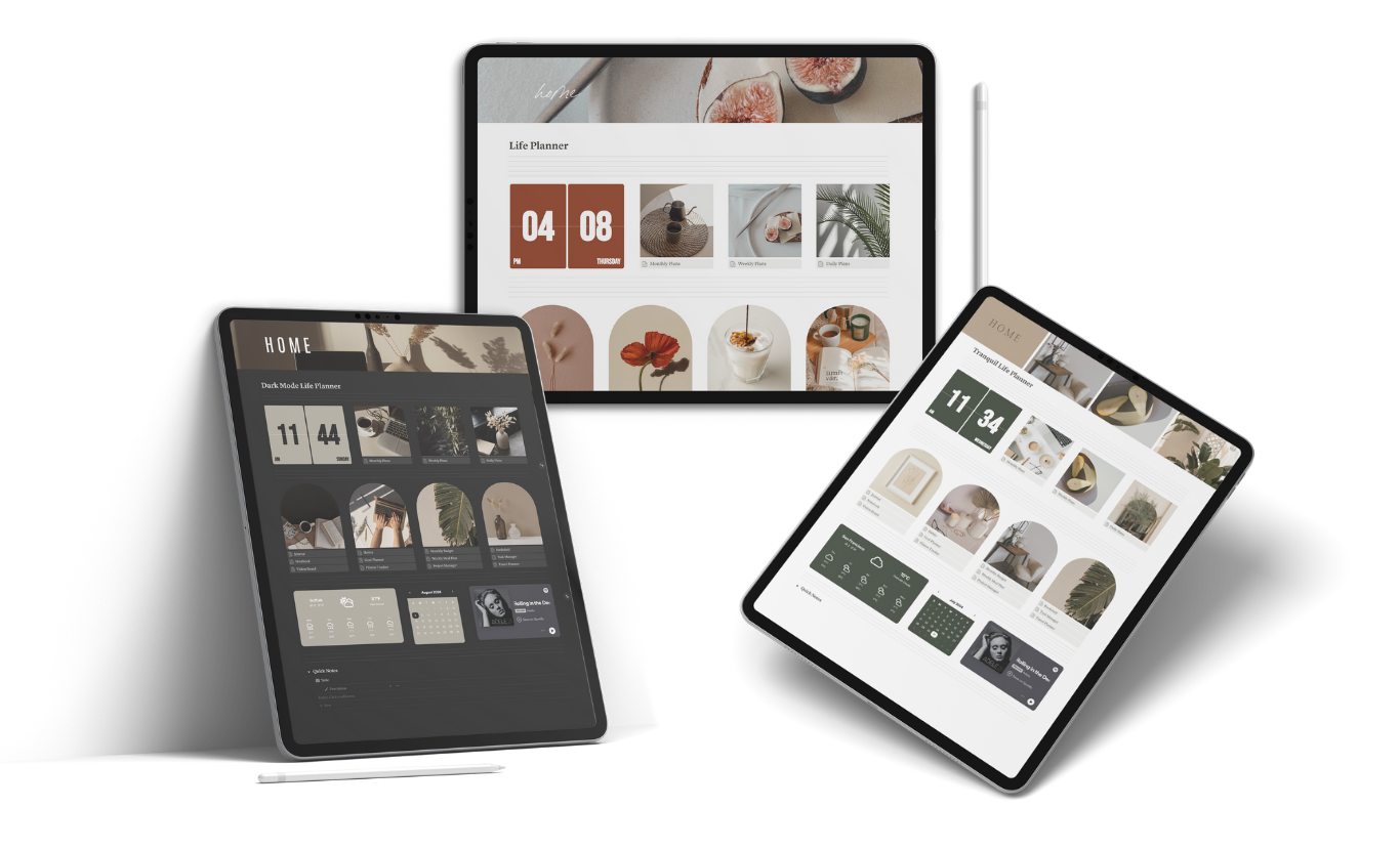 Three tablets display different lifestyle planner interfaces with minimalistic, neutral-toned designs and images of home decor, plants, and daily schedules.