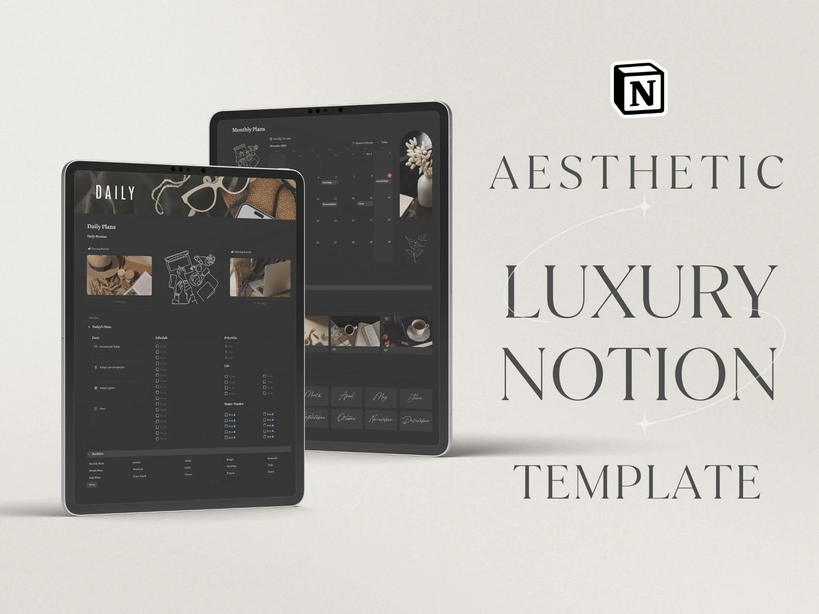 Digital tablets displaying aesthetic, luxury Notion templates with minimalist design, thin black borders, and dark interface themes, set against a light background with the words 'Aesthetic Luxury Notion Template' in elegant font.