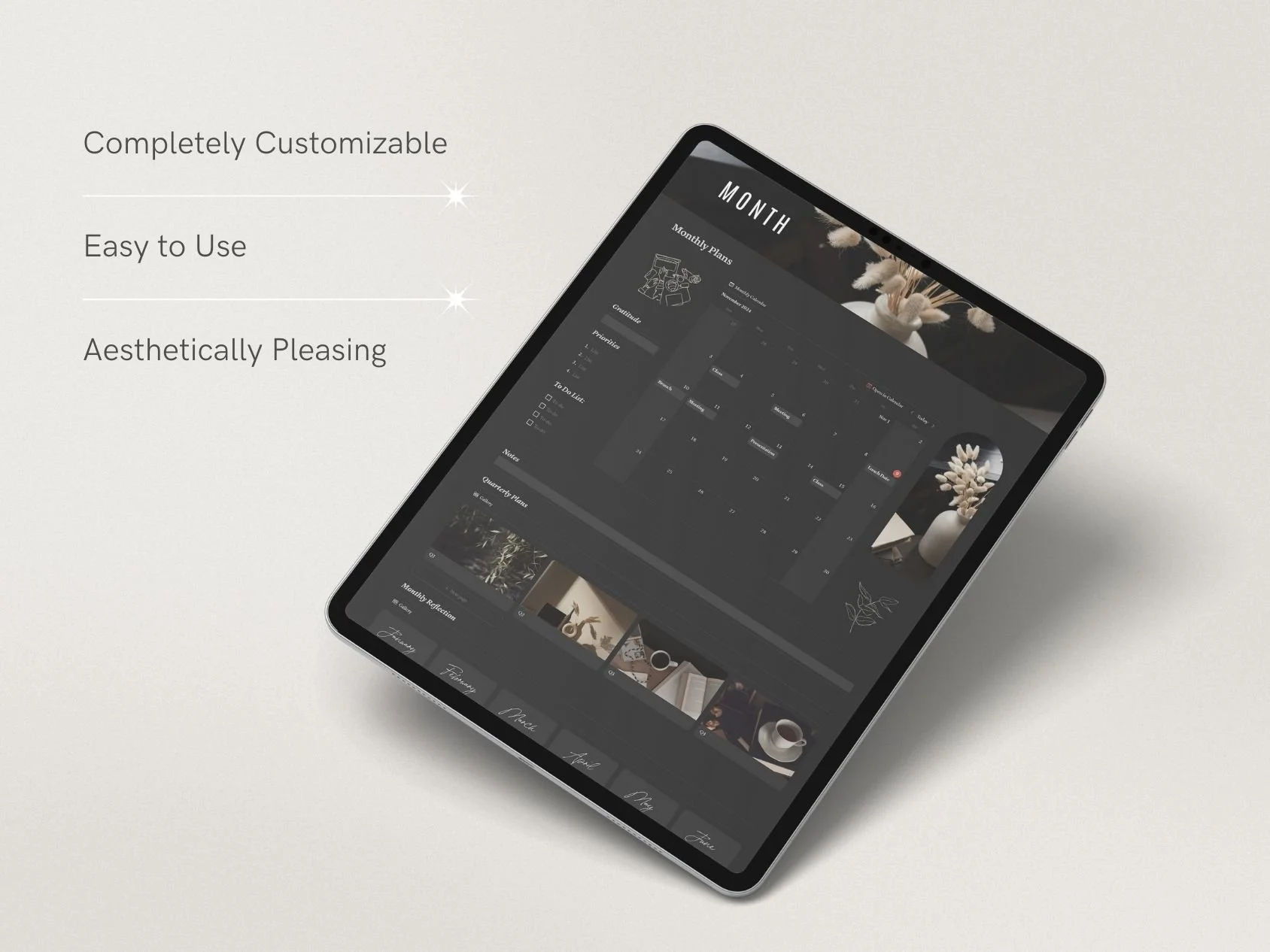 A digital tablet displaying a customizable, aesthetic planner app with floral and neutral decor in the background.