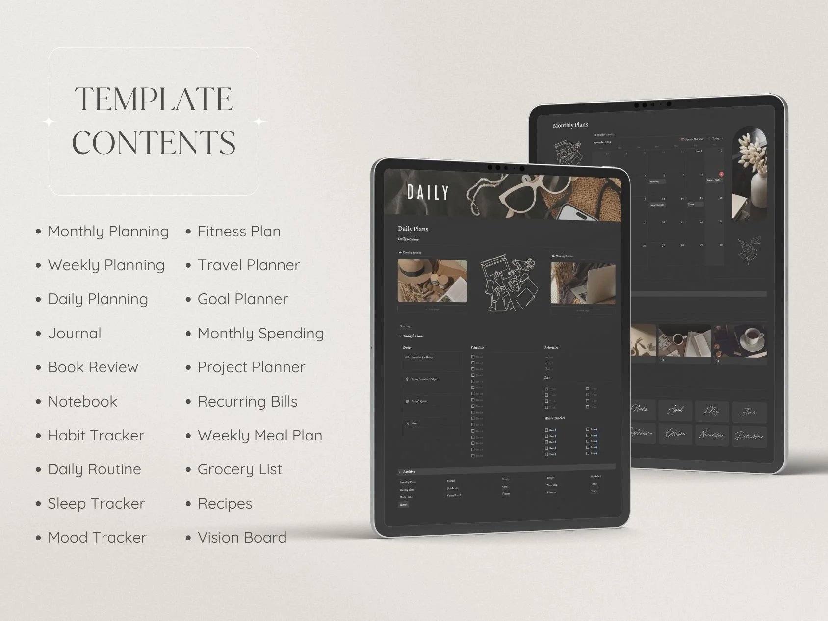 Template contents list with digital tablets displaying planning apps, set against a light background.