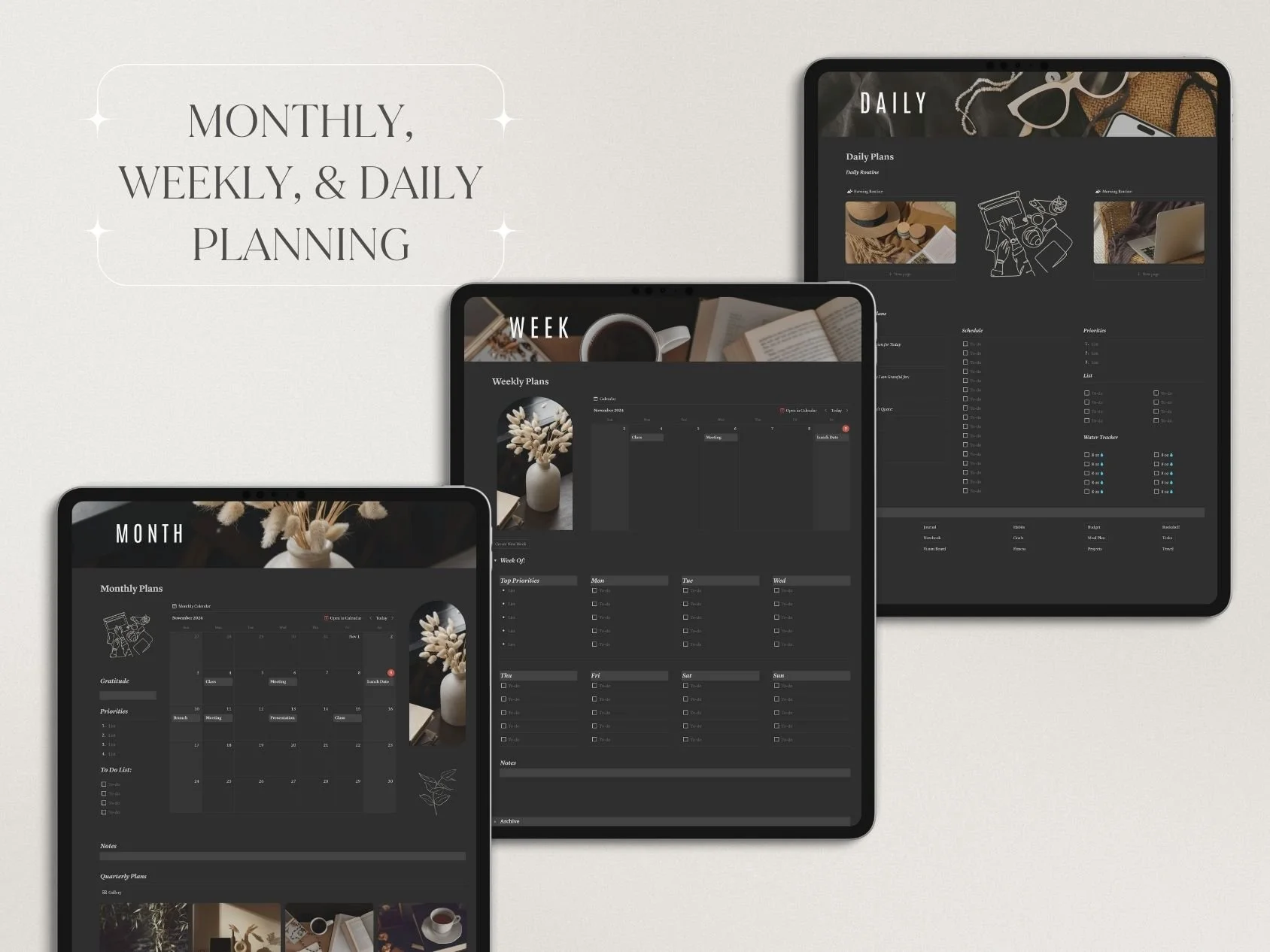 Digital tablet screens displaying monthly, weekly, and daily planning templates in dark mode with minimalist design, white flower illustrations, and header titles for month, week, and day views.