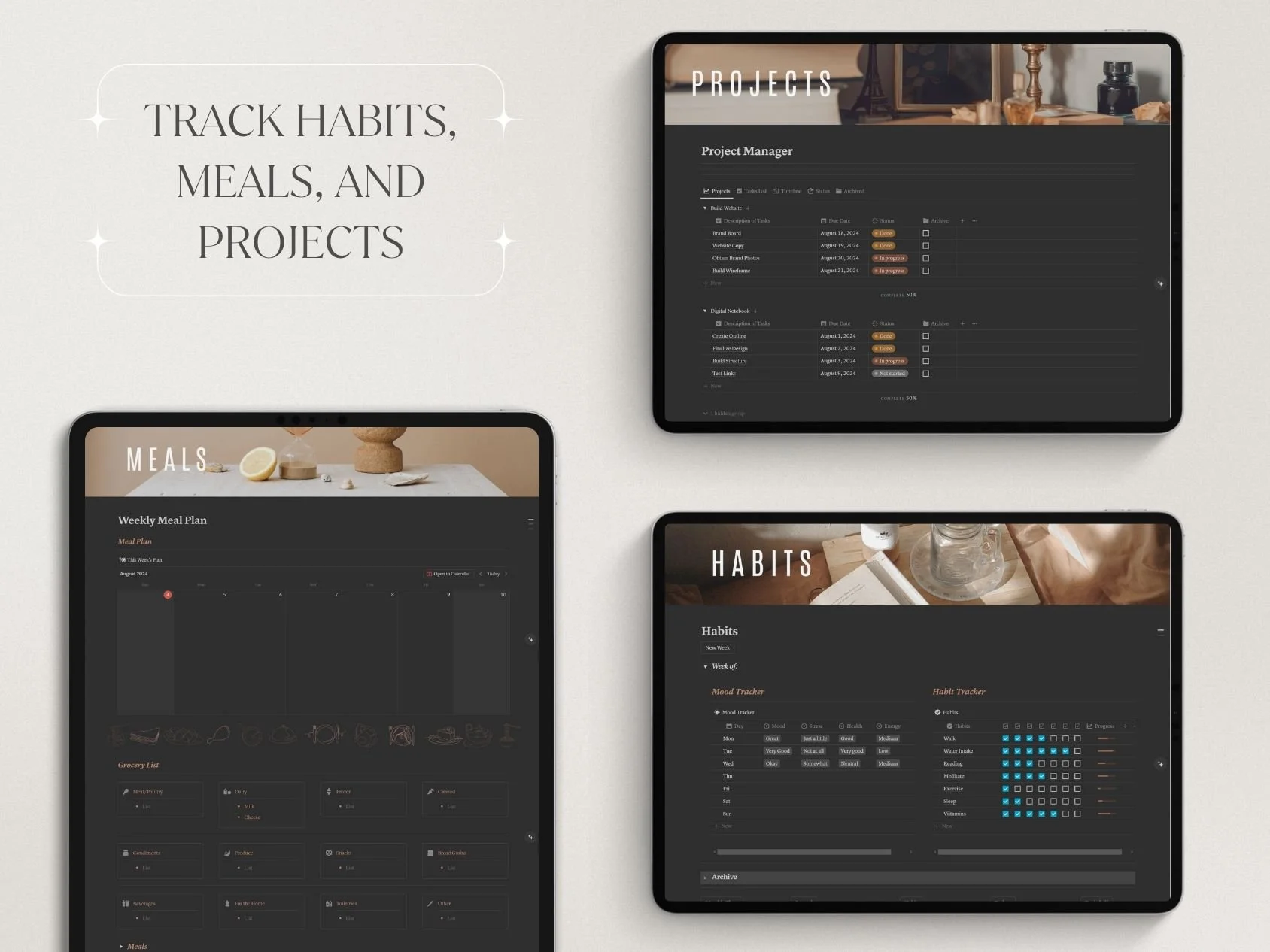 Screenshots of a digital planner showing sections for tracking habits, meals, and projects, with a minimalist beige and black theme.