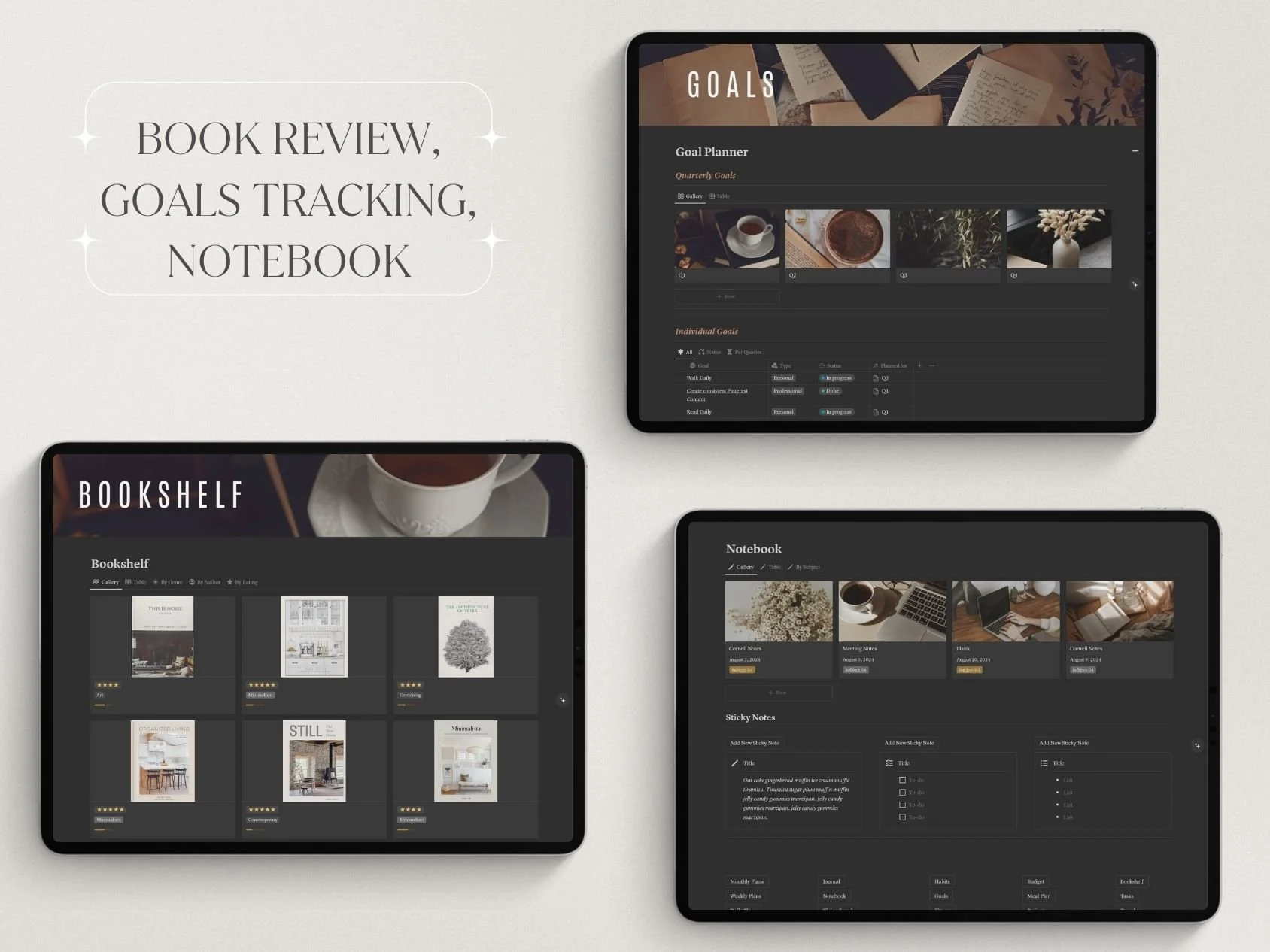 Three digital notebooks on a light background displaying different organizational tools: a bookshelf, goals planner, and notebook sections with images and notes.