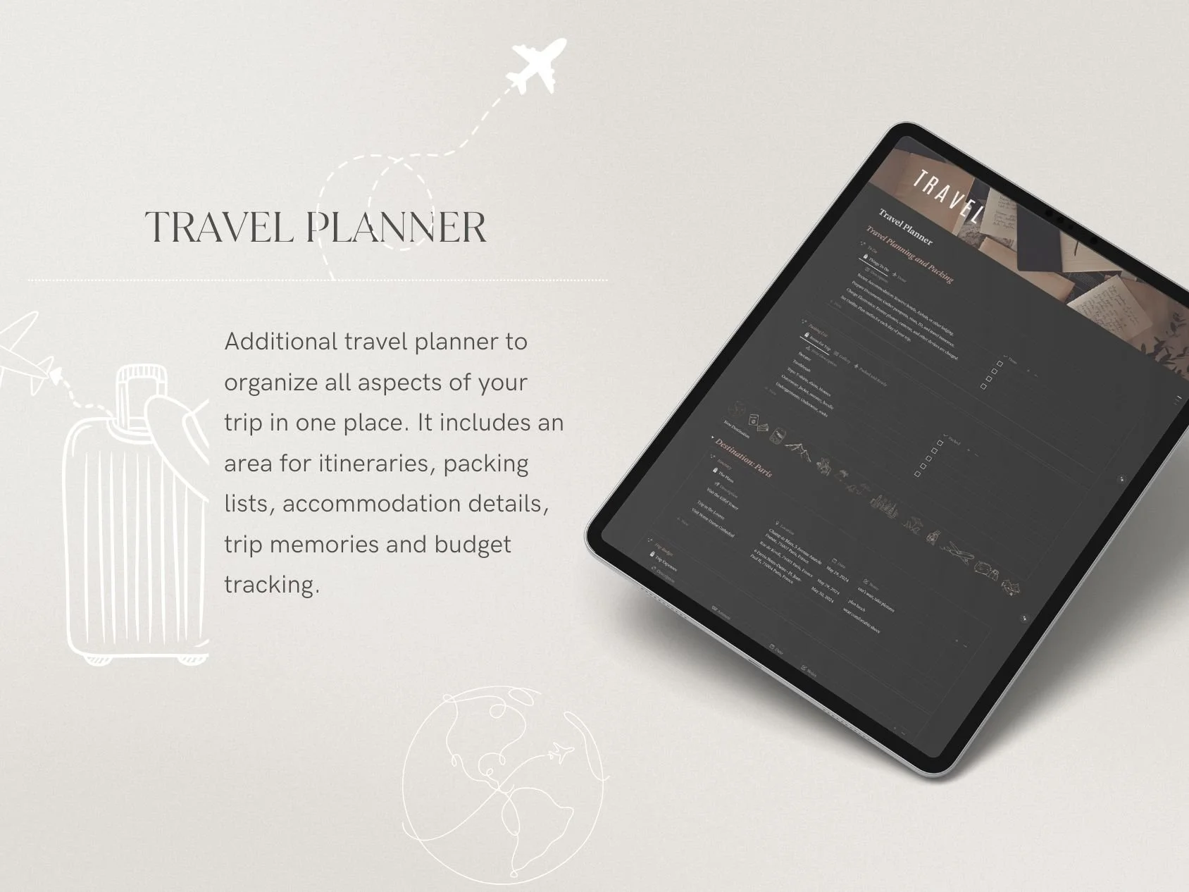 Travel planner webpage featuring a beige background with sketches of a suitcase, airplane, and globe, and a tablet screen showing a travel planning interface.