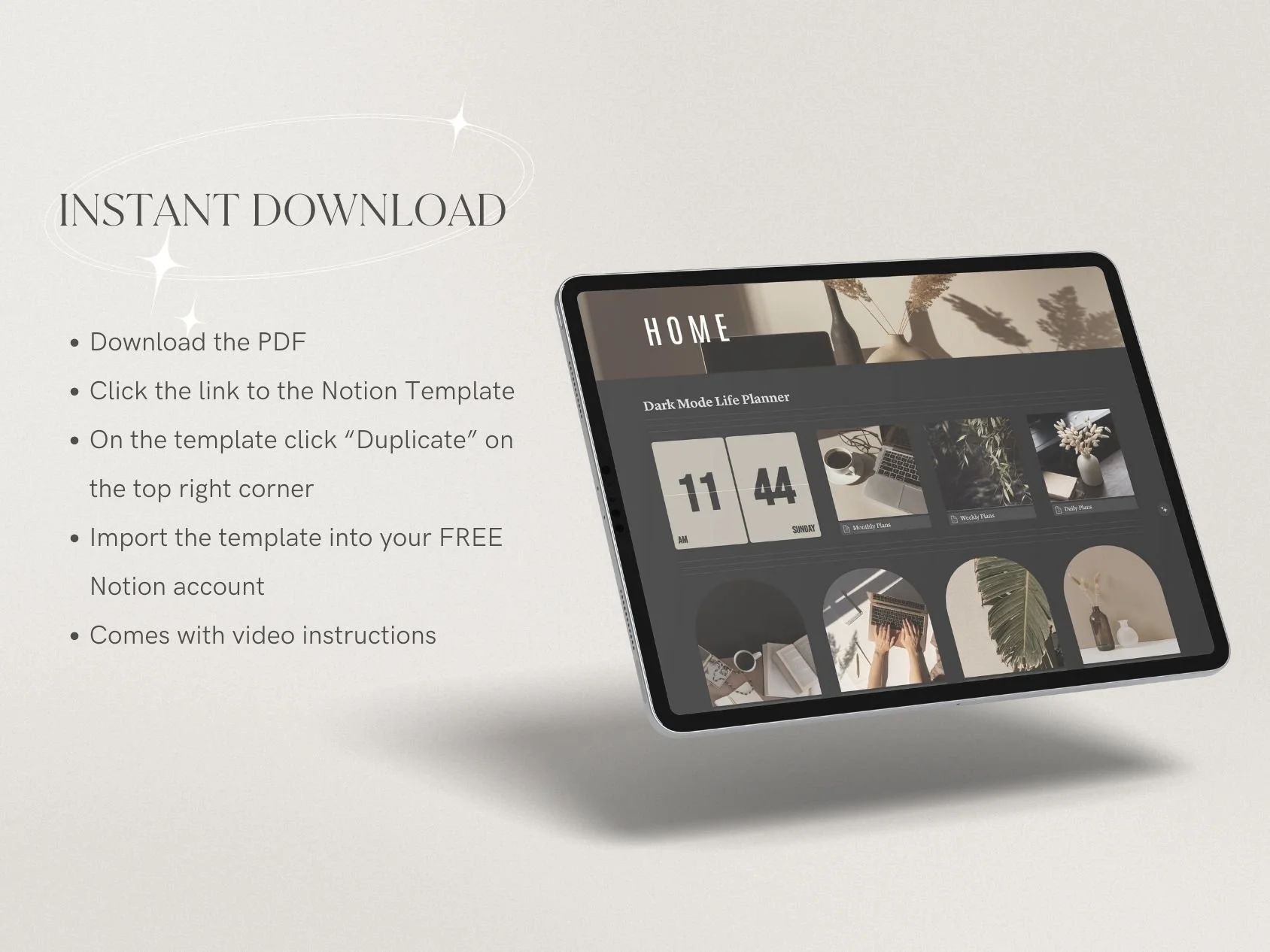 Instructions for downloading a Notion template displayed on a light-colored background, with a tablet showing the template on the right side.