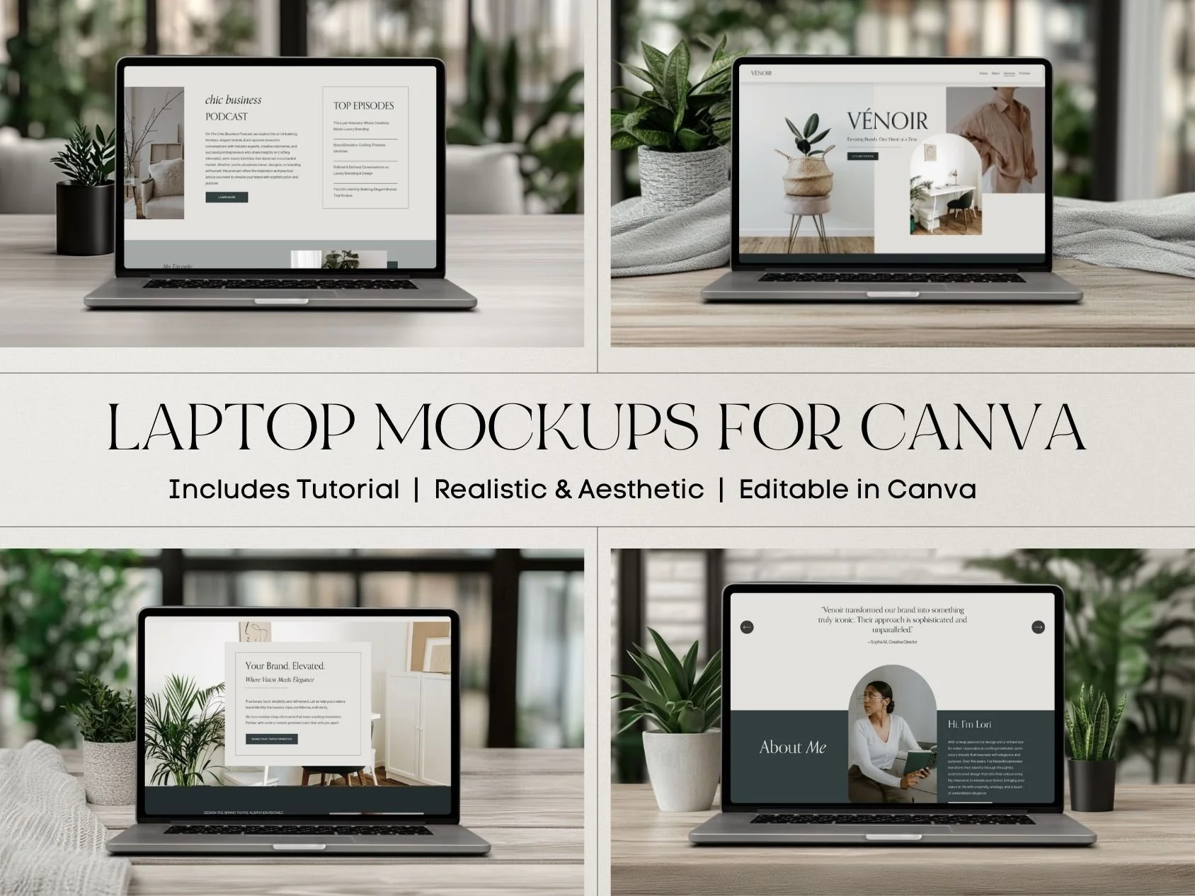 Four laptops with various website mockups displayed, each on a wooden table with plants around, showcasing editable website templates for Canva.