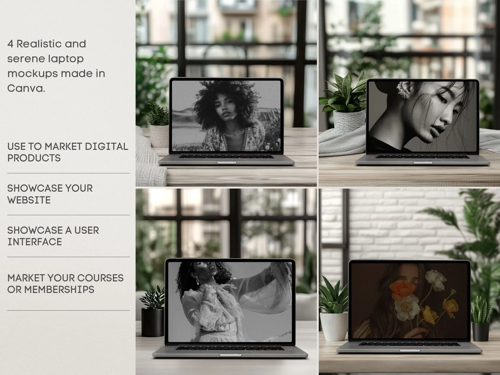 A grid of four laptop mockups on a wooden table with plants in pots, showcasing different digital images and designs, in a modern bright space with large windows.