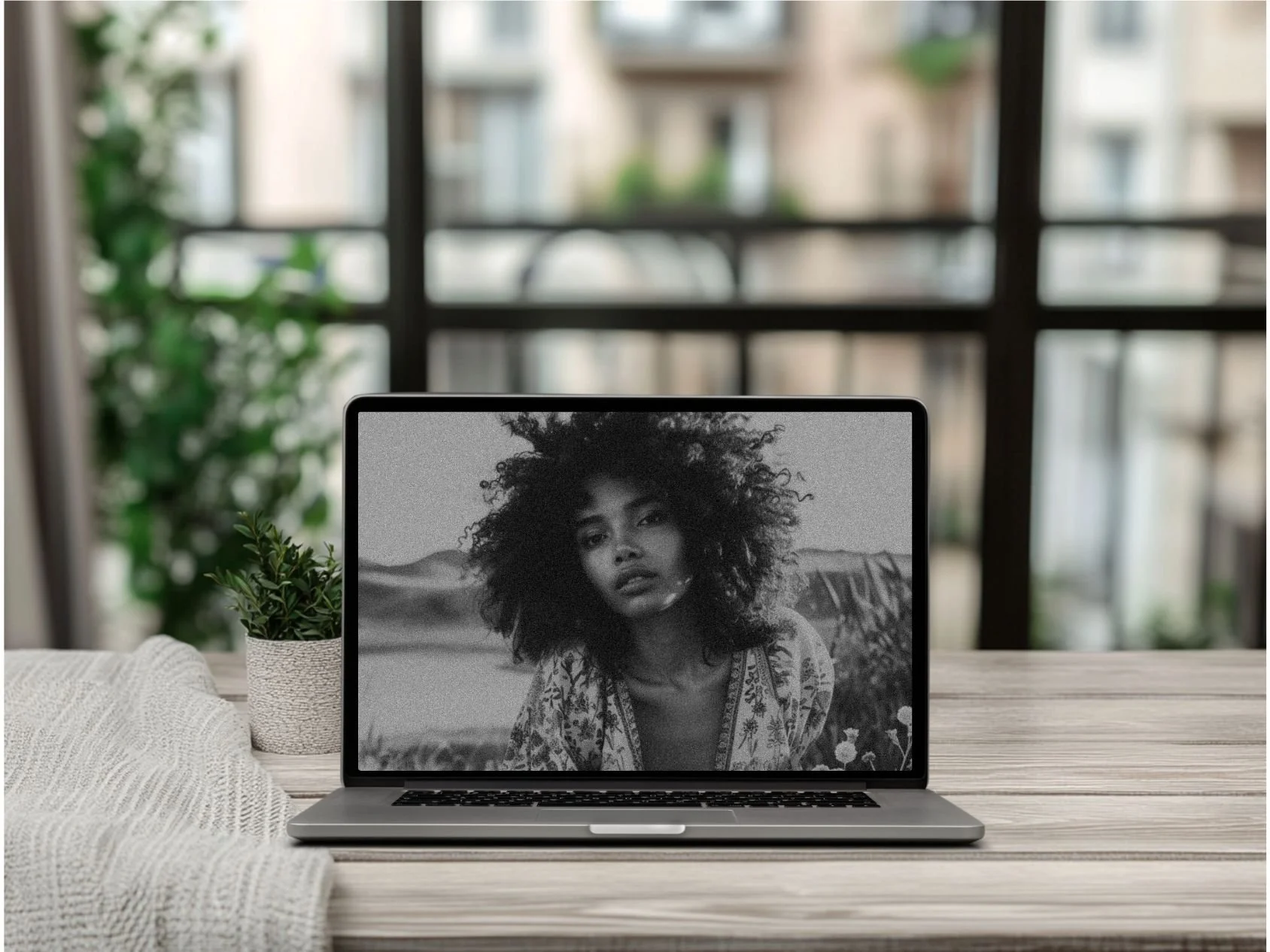 A laptop on a wooden table displaying a black and white photo of a woman with curly hair.