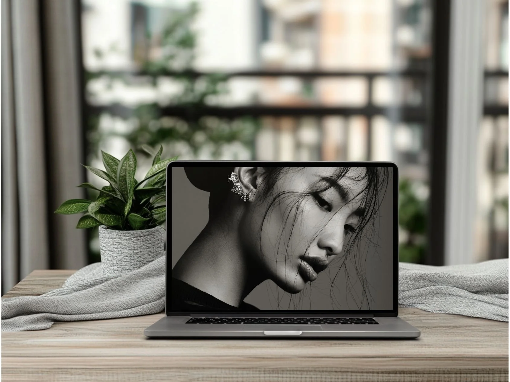 A laptop on a wooden table with a black and white portrait of a woman on the screen, beside a potted plant, in a room with windows and a view of buildings outside.