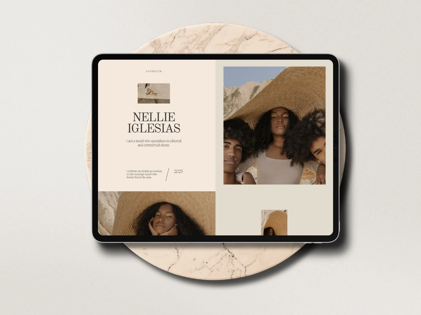 Digital portfolio displayed on a tablet showing photographs of a woman and two men outdoors, with a desert landscape background and a large sunhat.