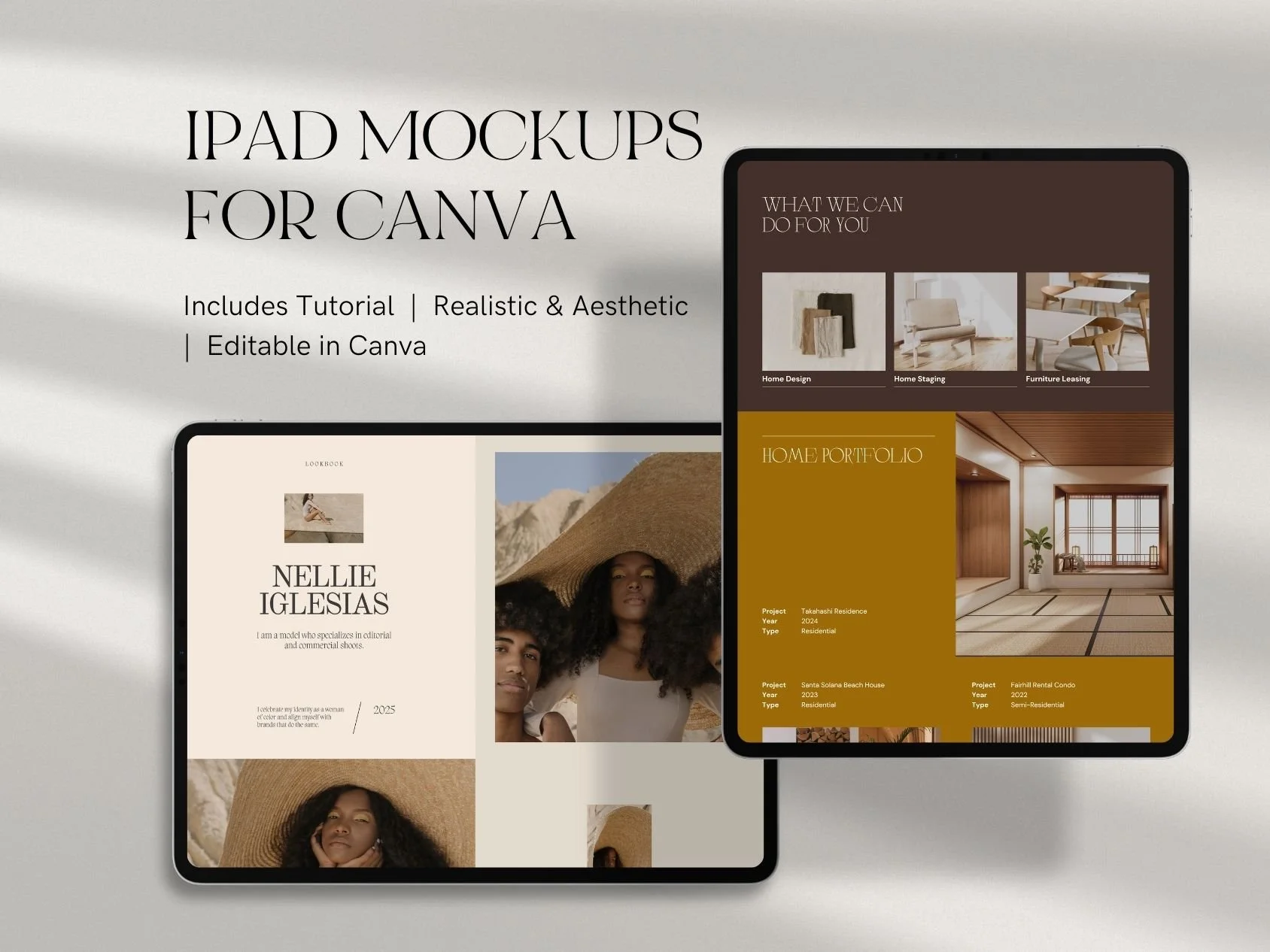 Two iPads displaying mockup designs for interior design projects and portfolios, with text indicating they are Canva templates that include tutorials, are realistic and aesthetic, and are editable.