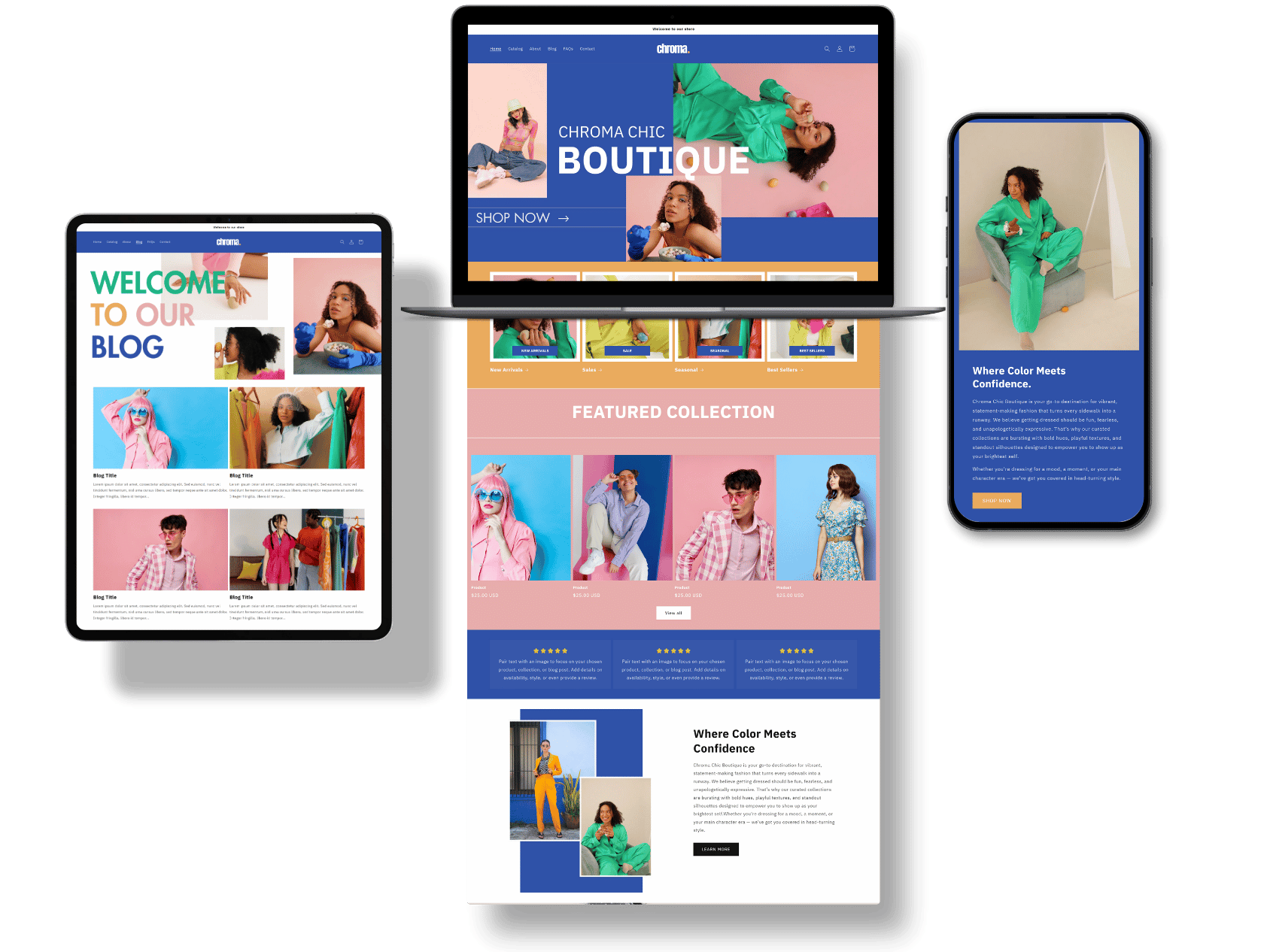 Screenshots of a fashion e-commerce website displayed on a tablet and two smartphones showcasing colorful clothing collections, blog articles, and promotional banners.