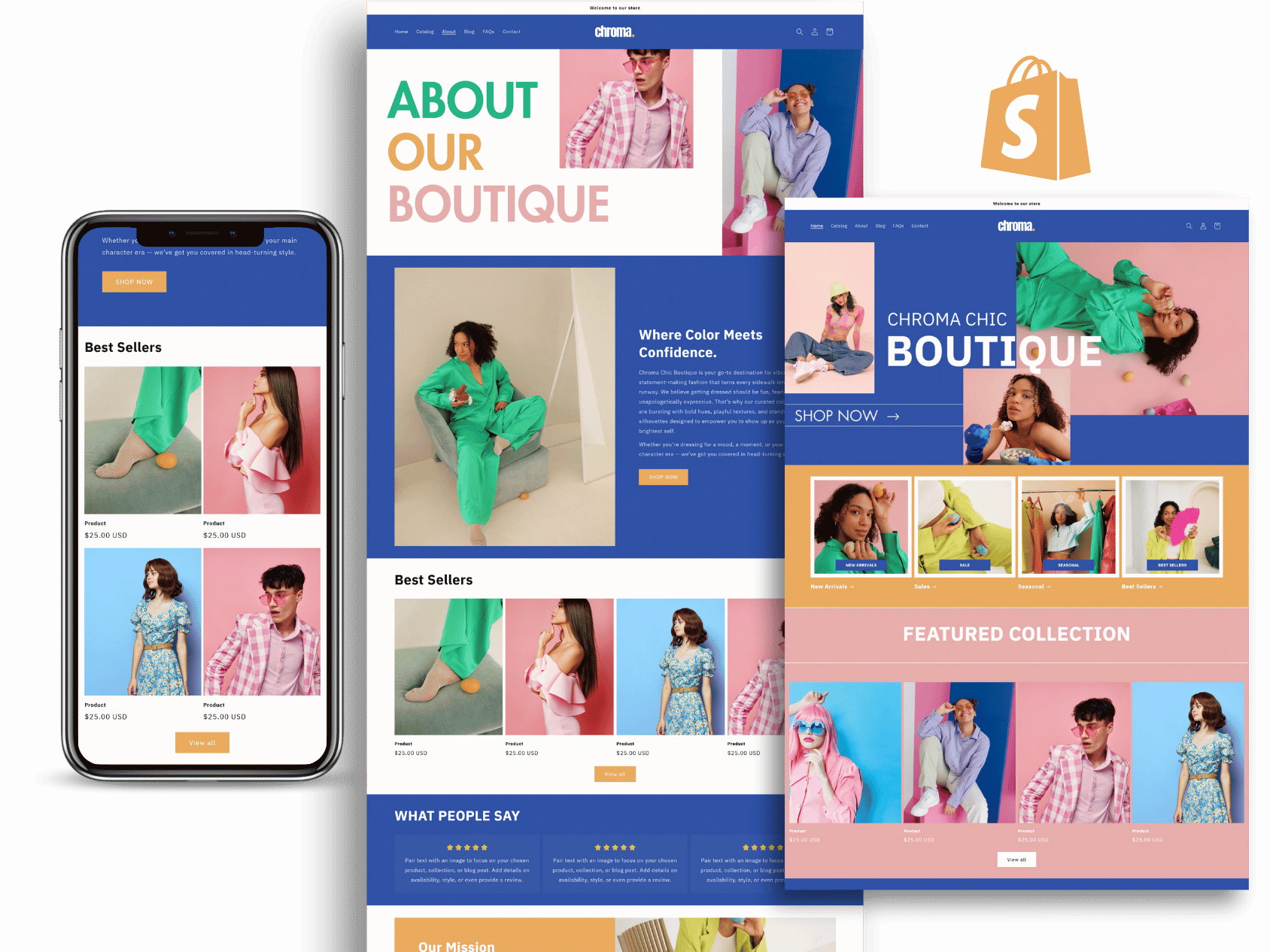 Multiple screens showing an online boutique fashion store with colorful webpage layouts and product images, including women and men modeling clothing and accessories.
