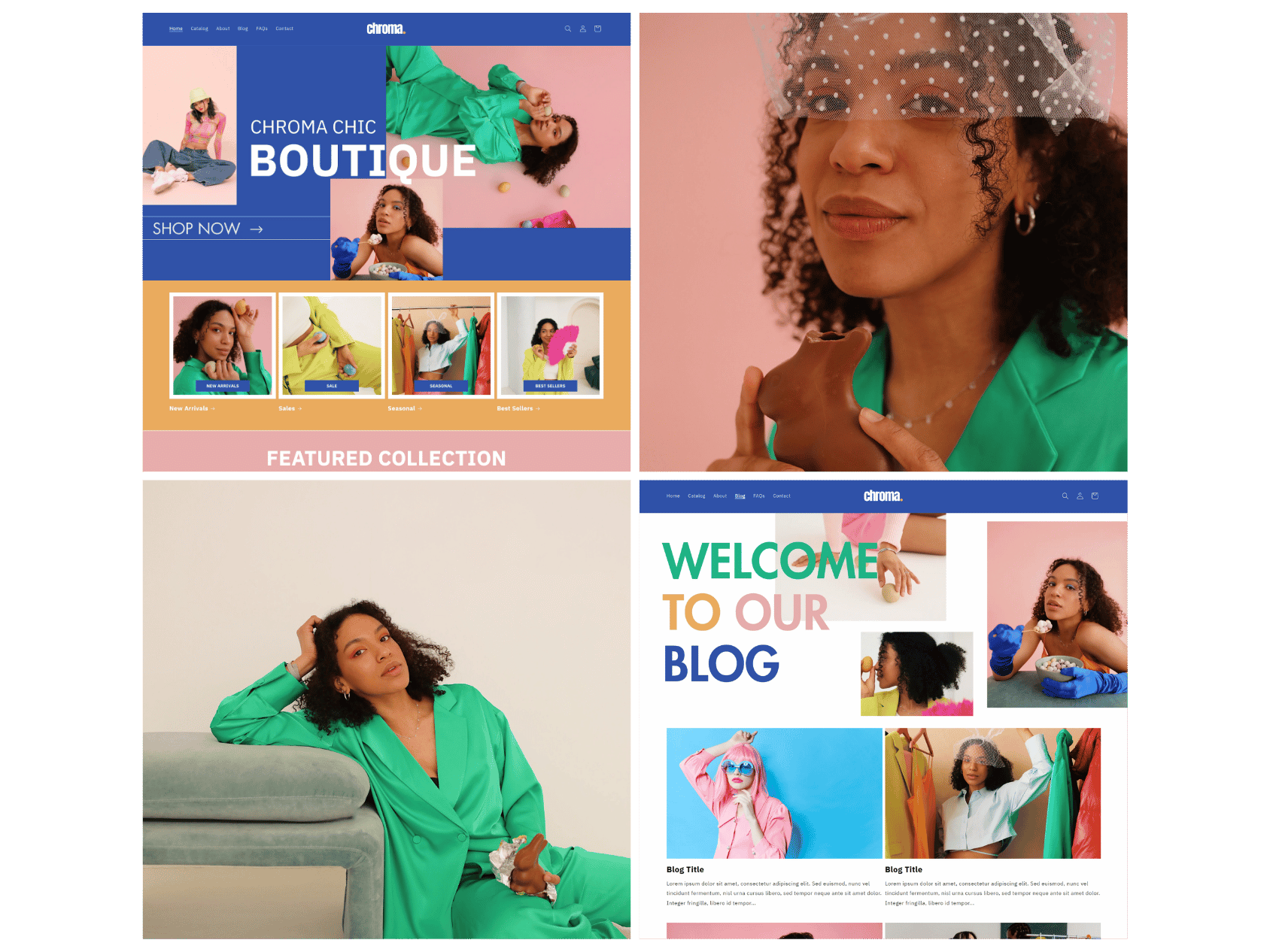 Four panels showing a website and a woman with curly hair. The first panel displays a website homepage for a boutique with images of a woman in colorful clothing, buttons for 'Shop Now,' 'New Arrivals,' 'Sale,' 'Seasonal,' and 'Best Sellers,' and a header with navigation links. The second panel features a close-up of the woman holding a chocolate ice cream cone, wearing a green outfit and a transparent dotted veil on her forehead. The third panel shows the woman sitting on a couch in a green outfit, gazing upward with her hand in her hair. The fourth panel displays the website homepage with a large greeting message 'Welcome to Our Blog,' pictures of a woman in sunglasses, a woman with curly hair, and a woman holding colorful shopping bags, with two blog post snippets below.