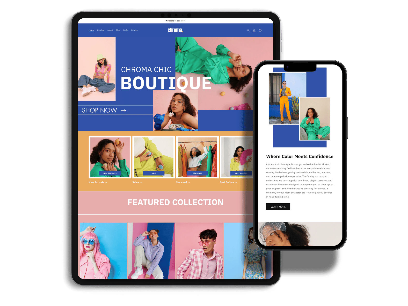 Tablet and smartphone displaying a vibrant fashion e-commerce website with colorful images of models and clothing, and sections labeled 'New Arrivals,' 'Sale,' 'Seasonal,' and 'Best Sellers.'