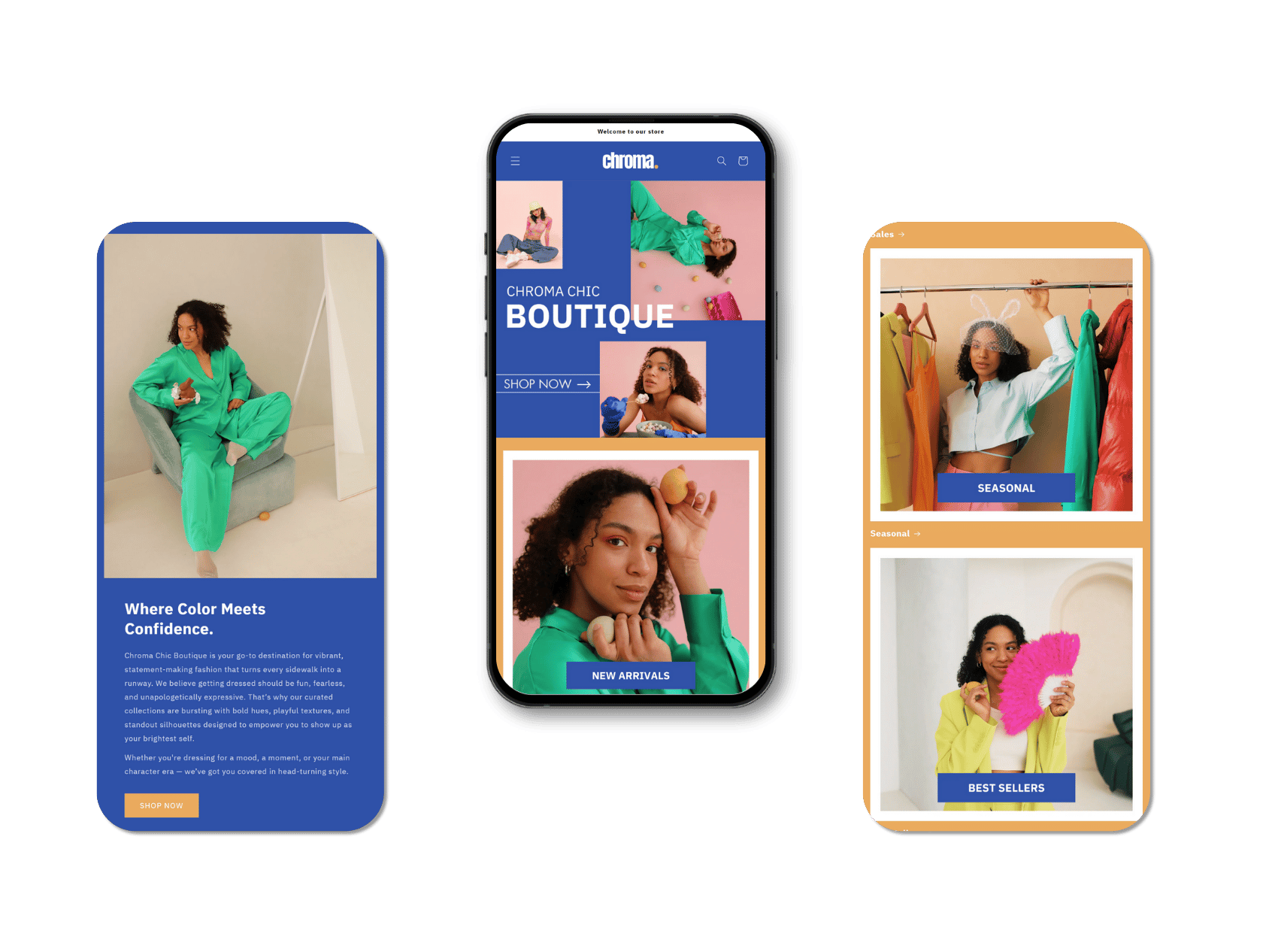 Smartphone displaying a fashion boutique app with images of a woman in green clothing and sections labeled 'New Arrivals', 'Seasonal', and 'Best Sellers.' Additional screens show a woman in a green jumpsuit, next to clothing on a rack, with colorful backgrounds.